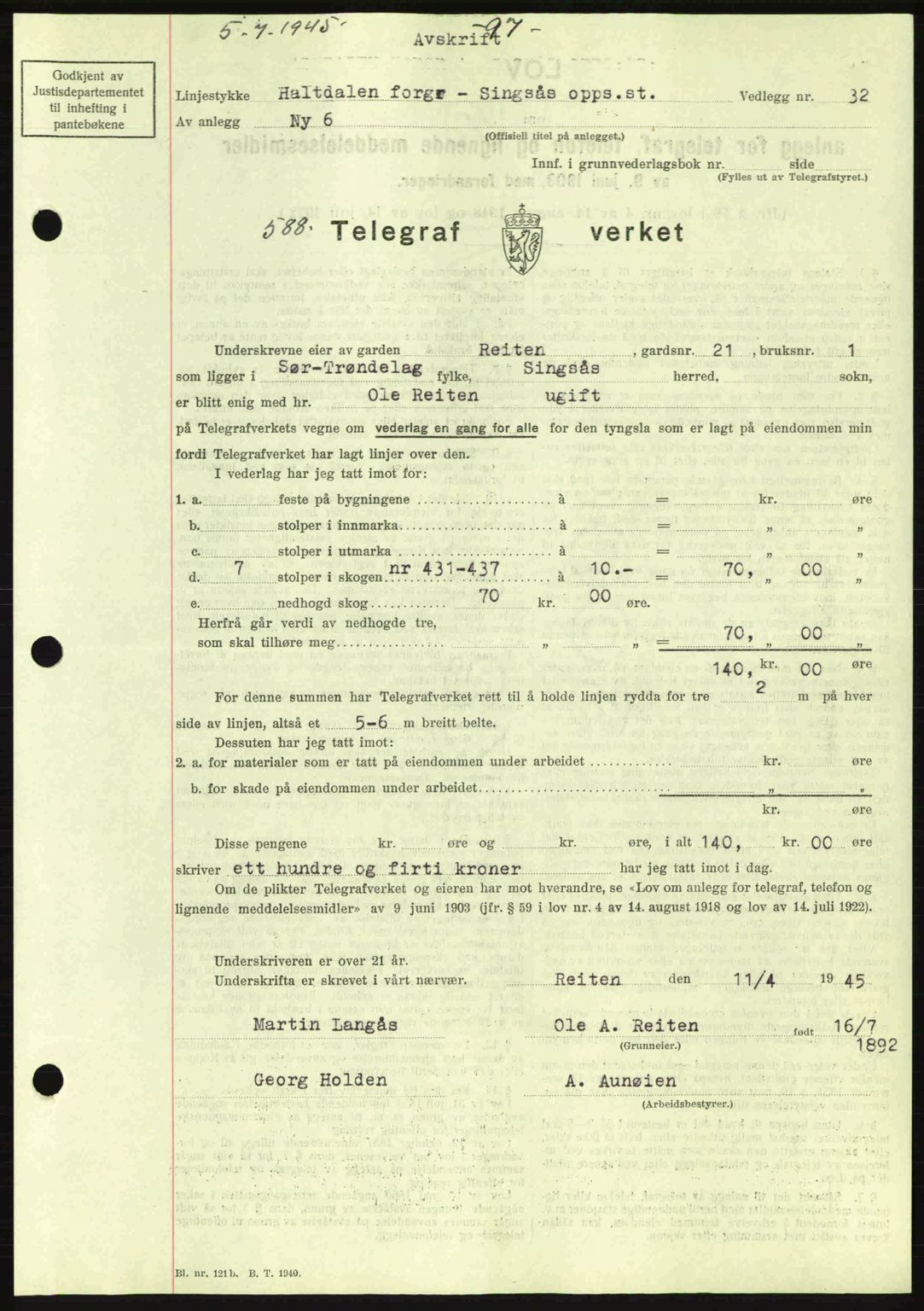 Gauldal sorenskriveri, SAT/A-0014/1/2/2C: Pantebok nr. A1a, 1945-1945, Dagboknr: 588/1945