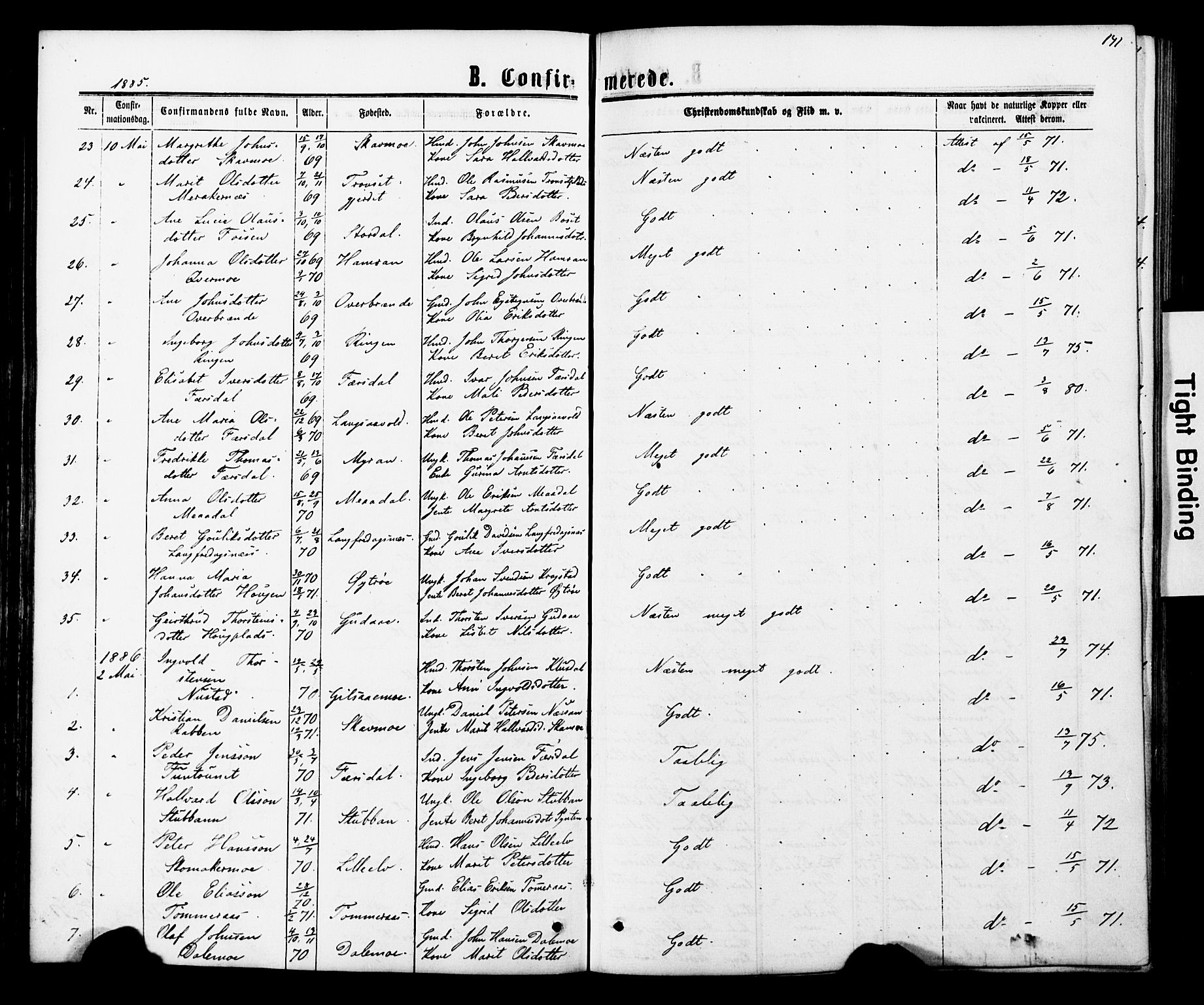 Ministerialprotokoller, klokkerbøker og fødselsregistre - Nord-Trøndelag, SAT/A-1458/706/L0049: Klokkerbok nr. 706C01, 1864-1895, s. 141