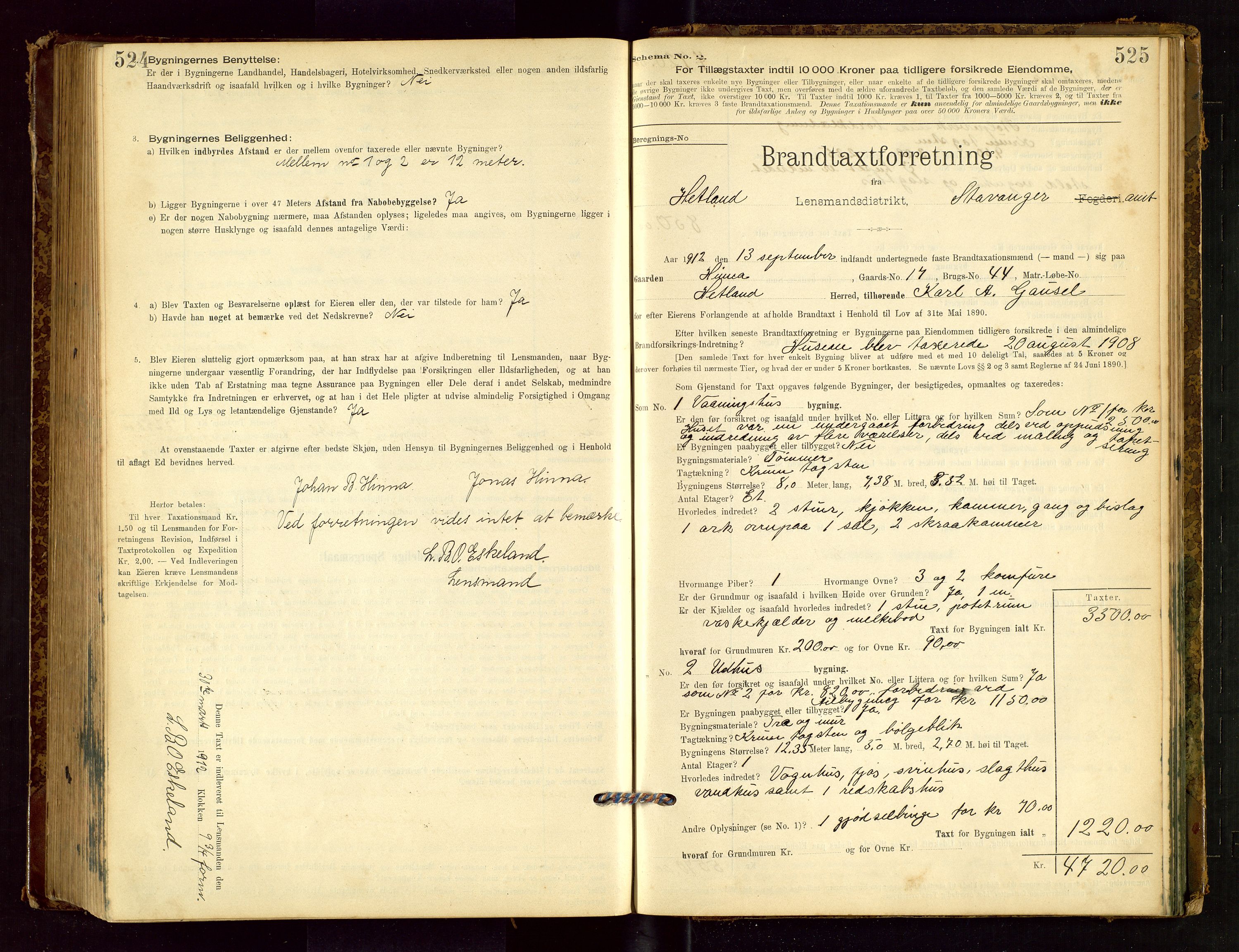 Hetland lensmannskontor, SAST/A-100101/Gob/L0001: "Brandtaxationsprotokol", 1895-1918, s. 524-525