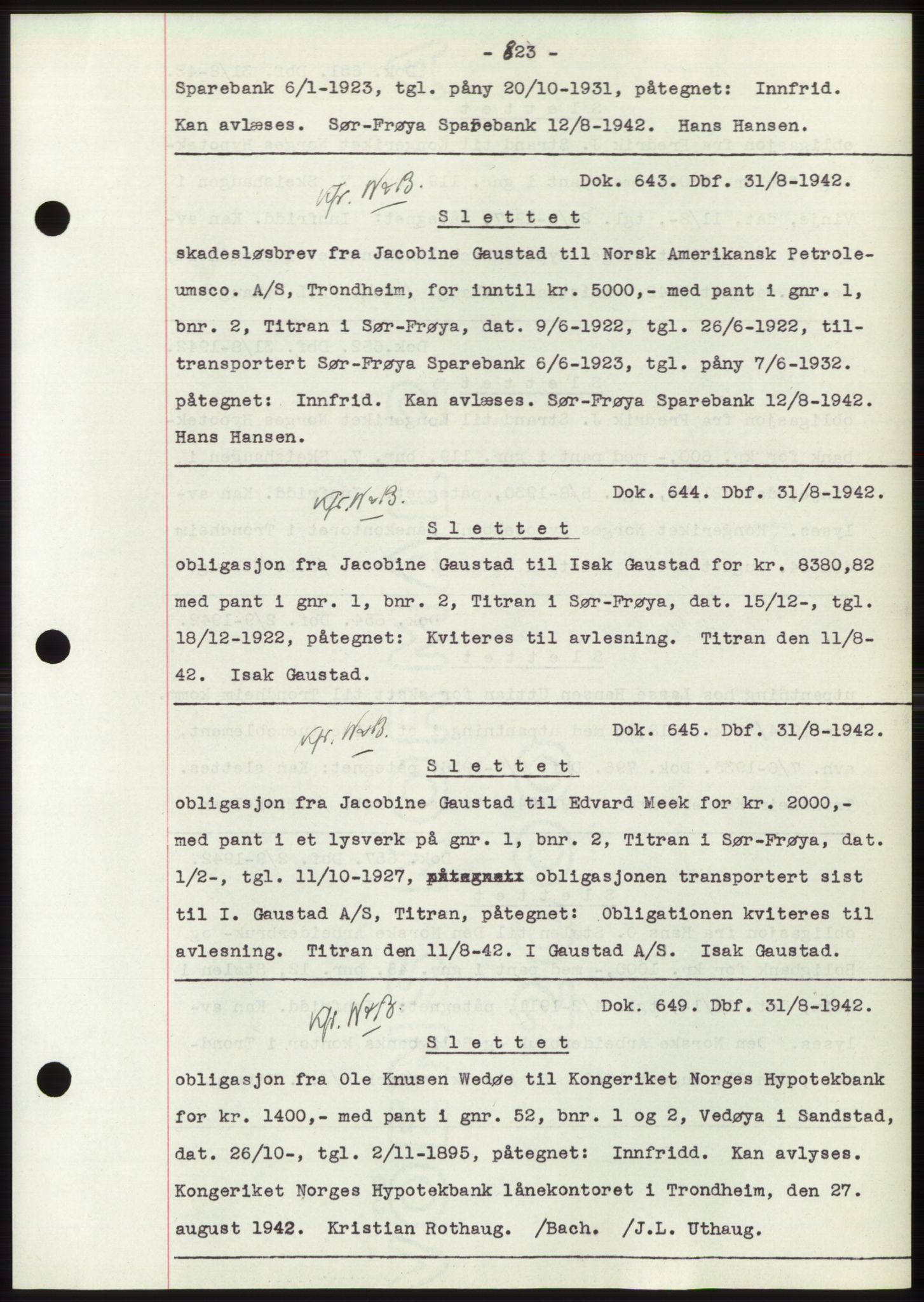 Hitra sorenskriveri, AV/SAT-A-0018/2/2C/2Ca: Pantebok nr. C1, 1936-1945, Dagboknr: 643/1942