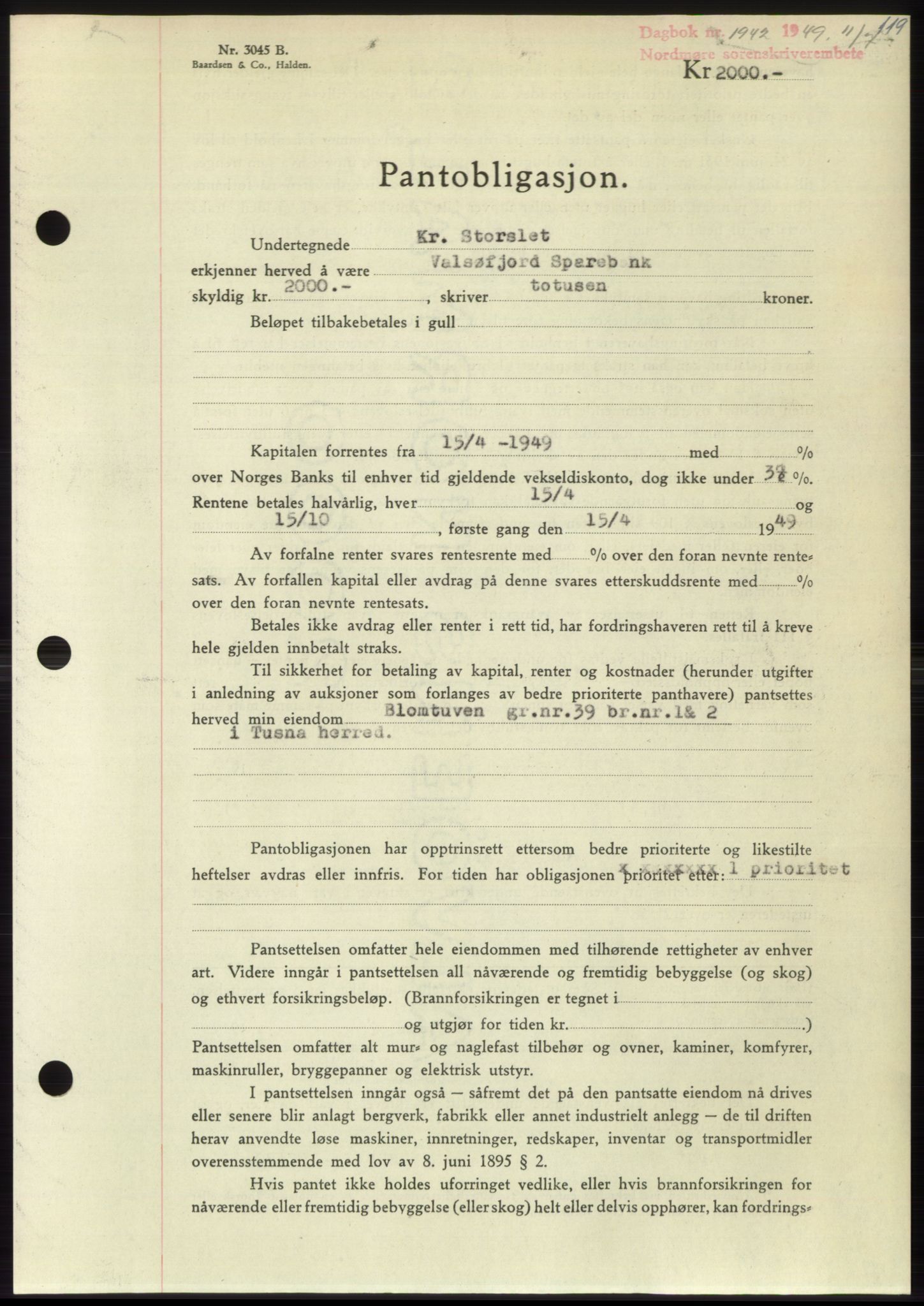 Nordmøre sorenskriveri, AV/SAT-A-4132/1/2/2Ca: Pantebok nr. B102, 1949-1949, Dagboknr: 1942/1949