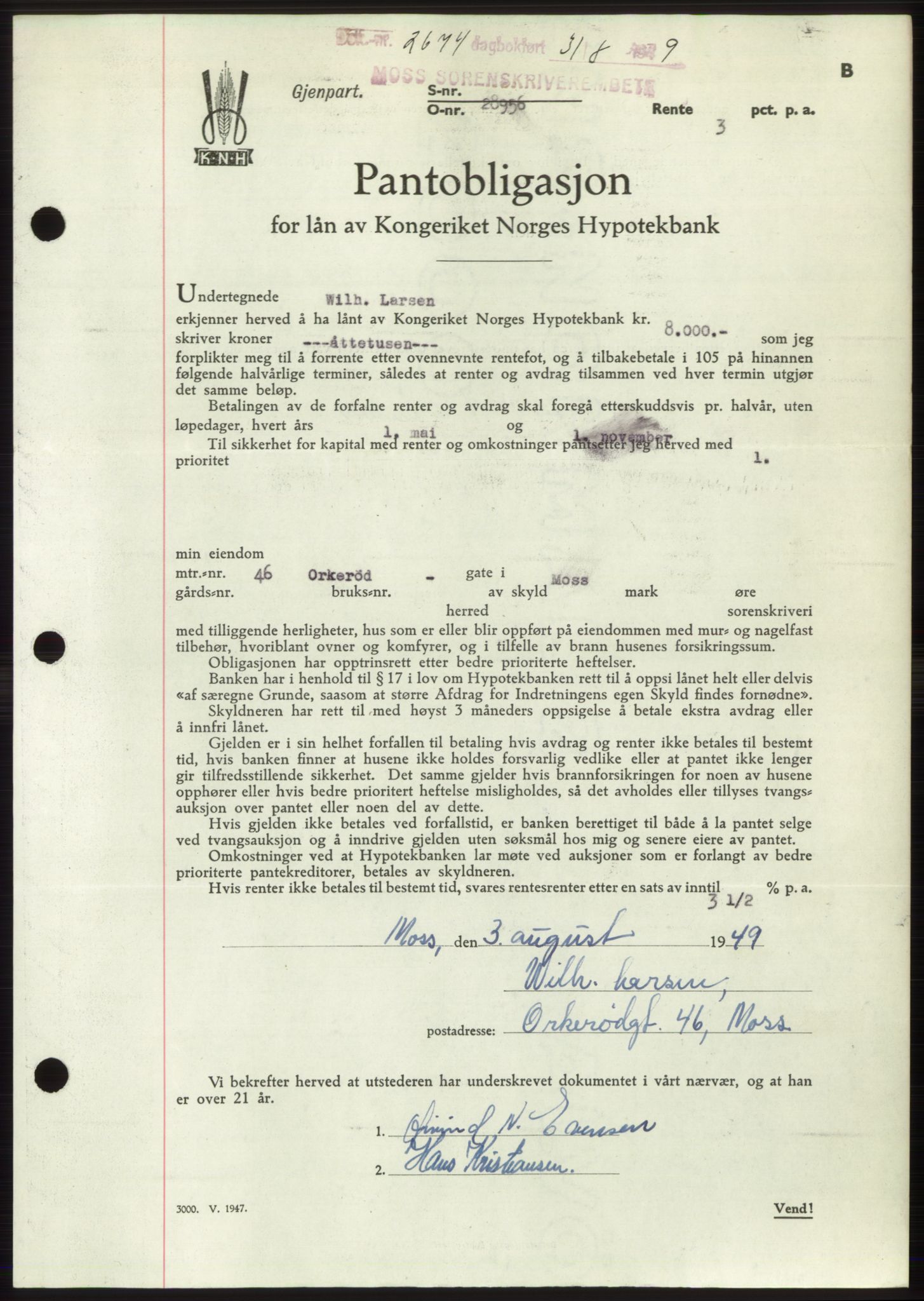 Moss sorenskriveri, SAO/A-10168: Pantebok nr. B22, 1949-1949, Dagboknr: 2674/1949