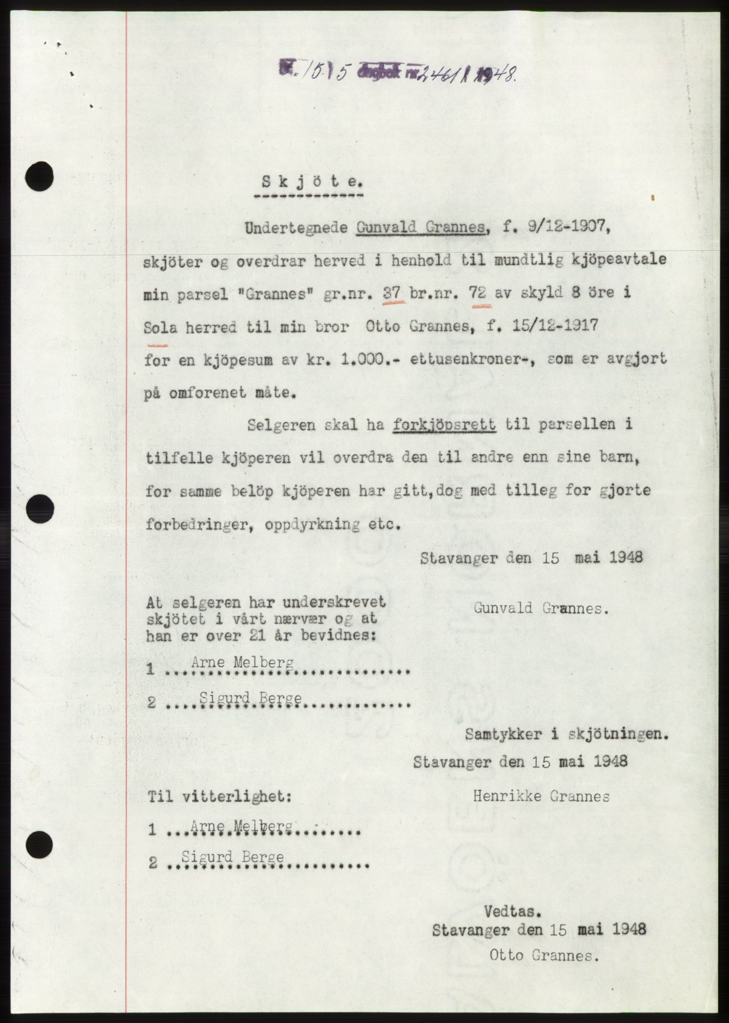 Jæren sorenskriveri, SAST/A-100310/03/G/Gba/L0099: Pantebok, 1948-1948, Dagboknr: 2461/1948