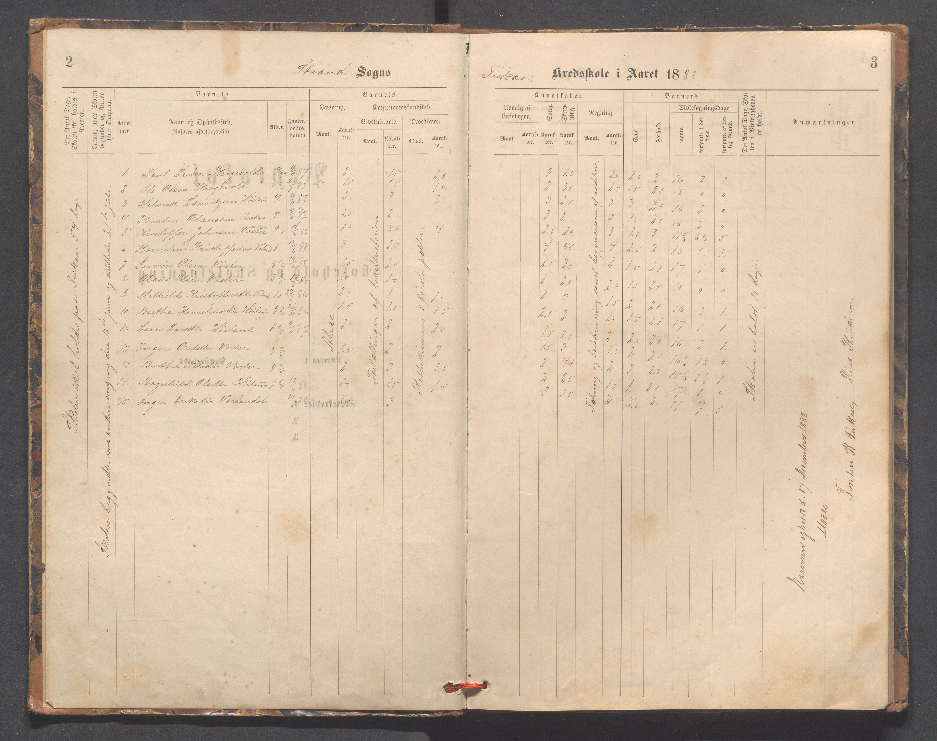 Strand kommune - Fiskå skole, IKAR/A-155/H/L0002: Skoleprotokoll for Fiskå, Heien, Jøssang, Sørbygda og Fjelde krets, 1888-1900, s. 2-3