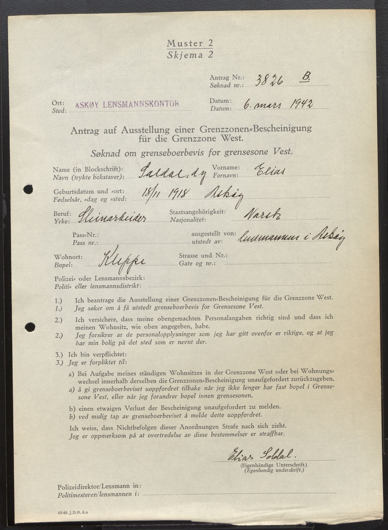 Lensmannen i Askøy, AV/SAB-A-31001/0026/L0012: Søknader om grensebuarbevis 3826 - 4350, 1942-1943, s. 1