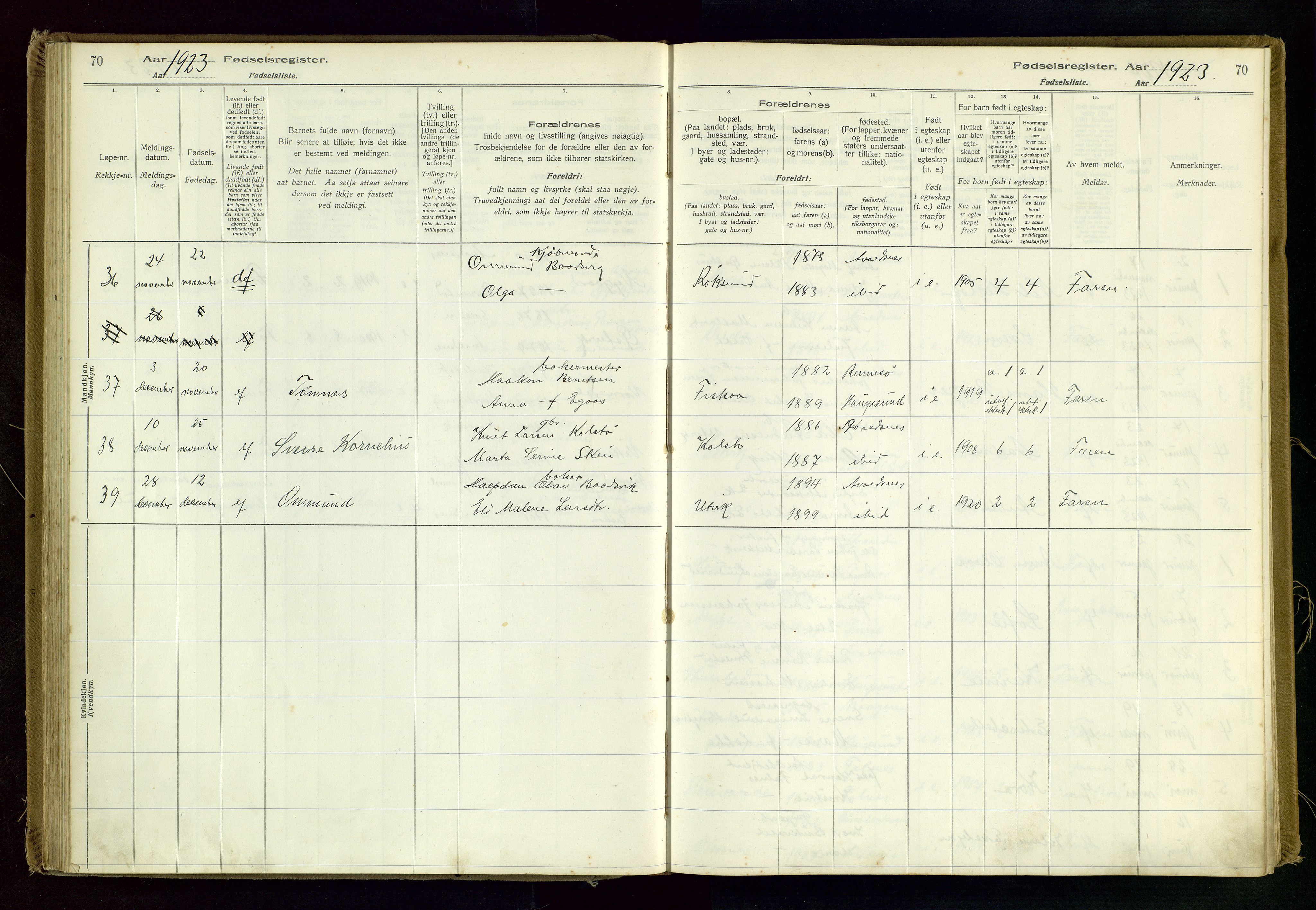Avaldsnes sokneprestkontor, SAST/A -101851/I/Id/L0001: Fødselsregister nr. 1, 1916-1946, s. 70