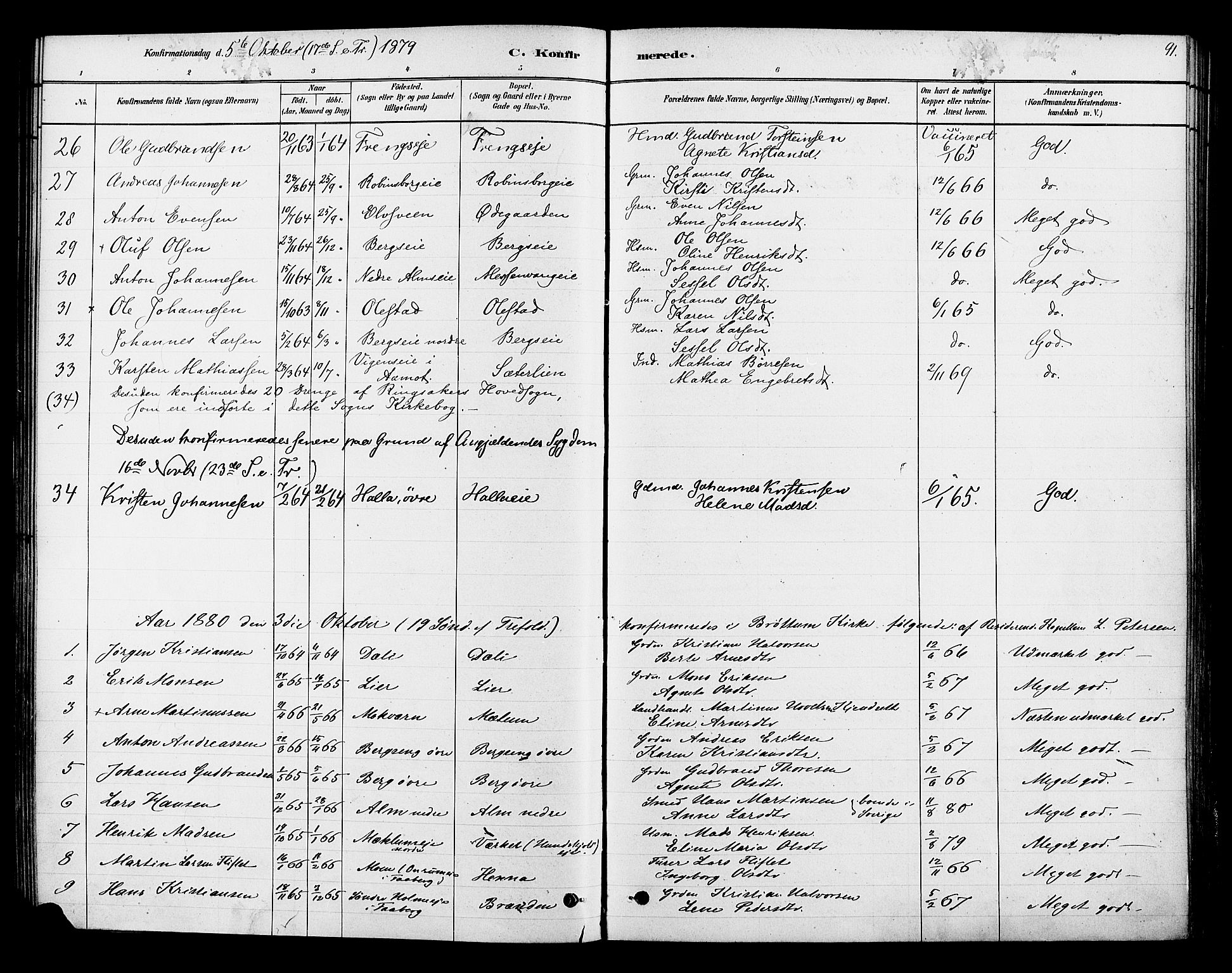 Ringsaker prestekontor, AV/SAH-PREST-014/K/Ka/L0013: Ministerialbok nr. 13, 1879-1890, s. 91
