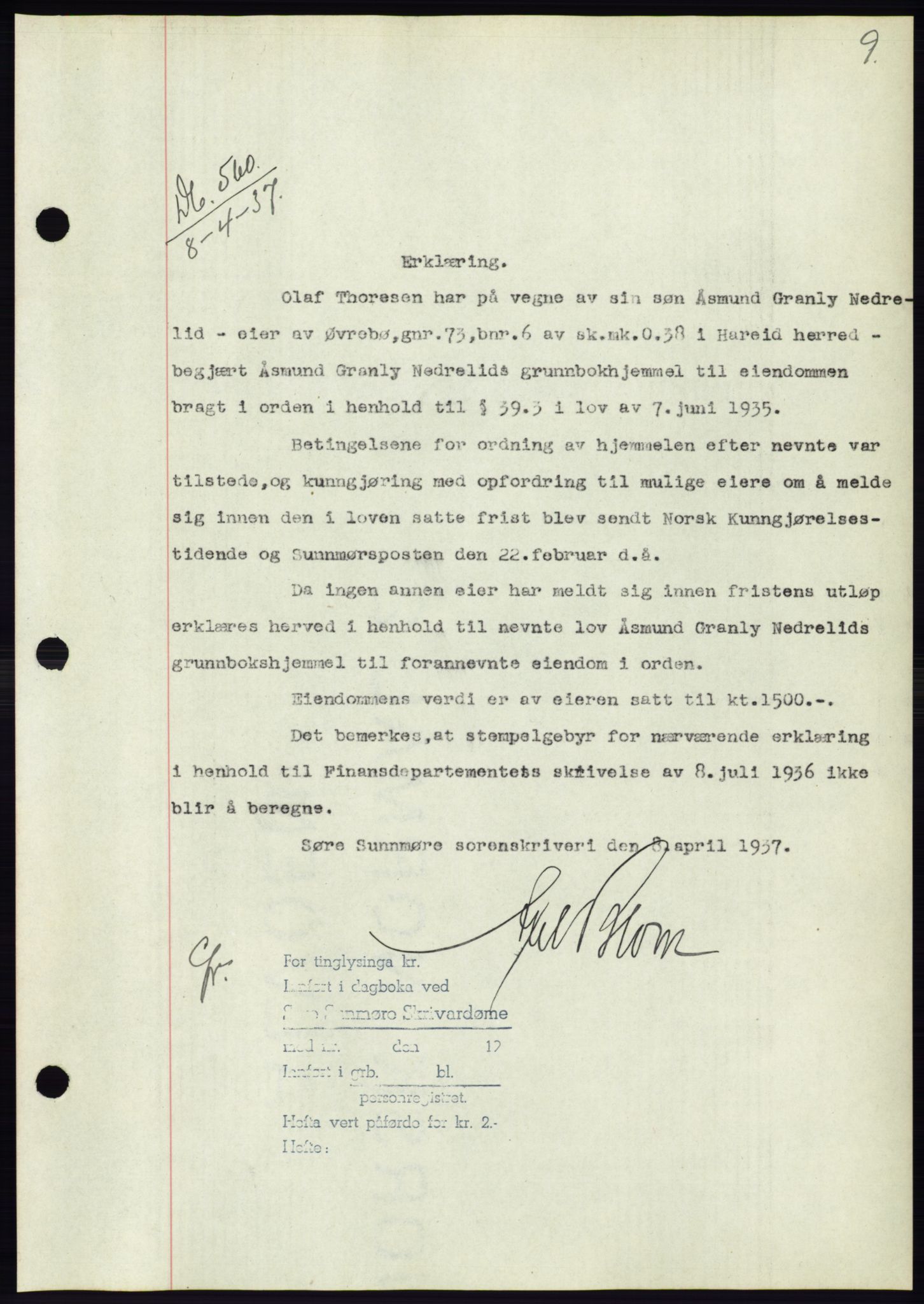 Søre Sunnmøre sorenskriveri, AV/SAT-A-4122/1/2/2C/L0063: Pantebok nr. 57, 1937-1937, Dagboknr: 560/1937