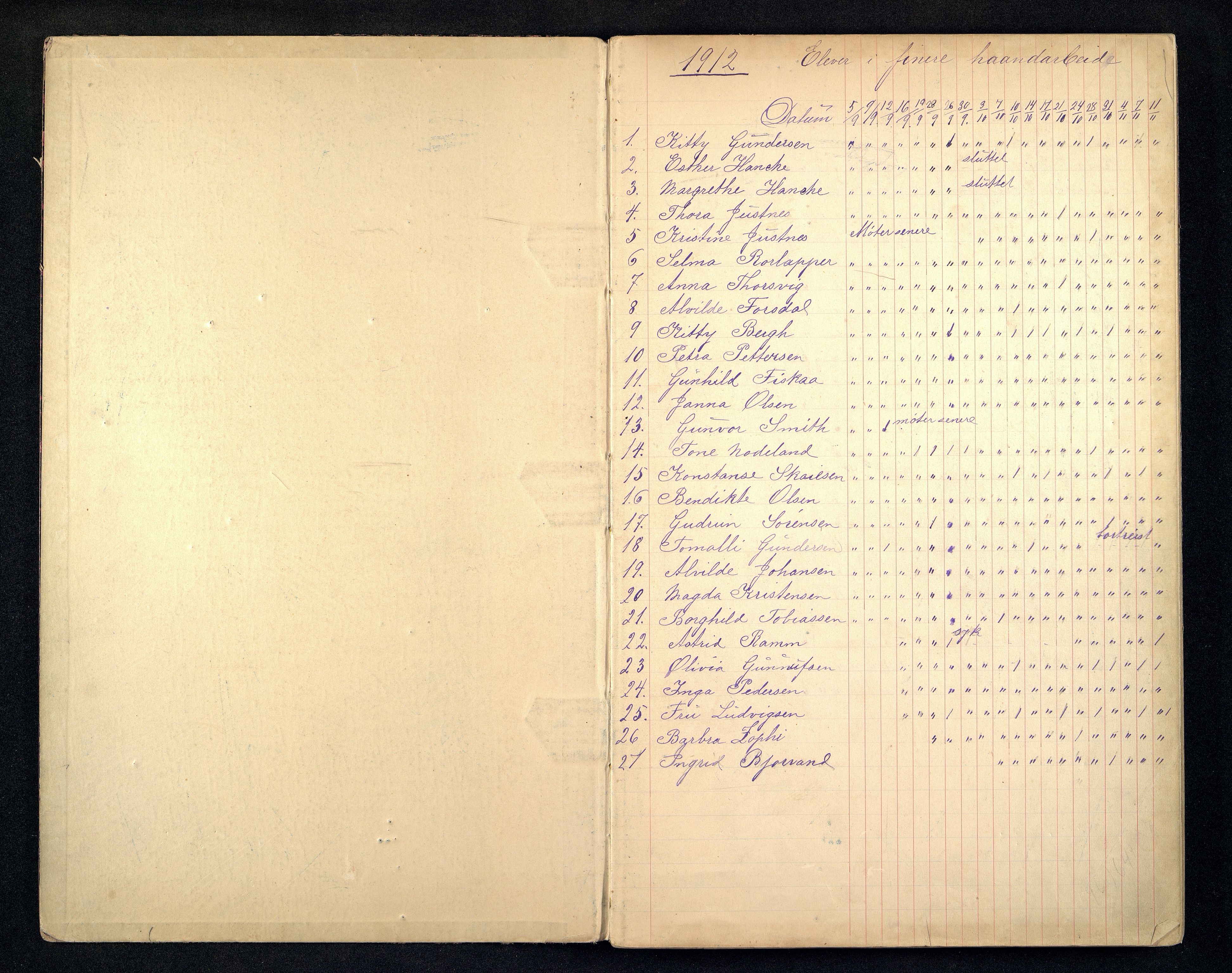 Kristiansand By - Kr.Sand Kvindelige Håndgjernings- og Tegneskole/ Kr.Sand Kvindelige Industriskole/ Husflidskolen, ARKSOR/1001KG554/I/Ia/L0003/0003: Dagbøker / Dagbok, finere håndarbeid, 1912-1923