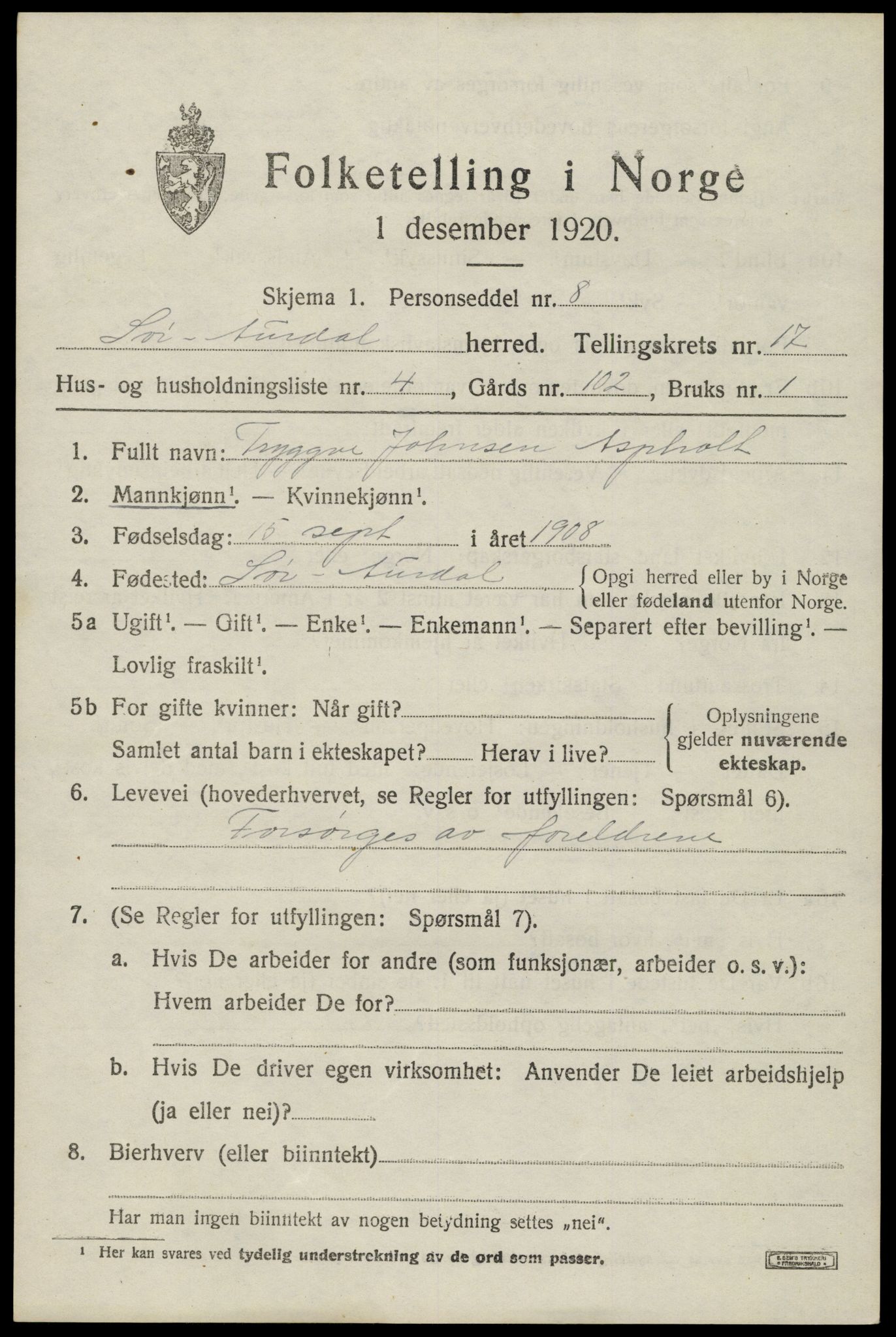 SAH, Folketelling 1920 for 0540 Sør-Aurdal herred, 1920, s. 9827
