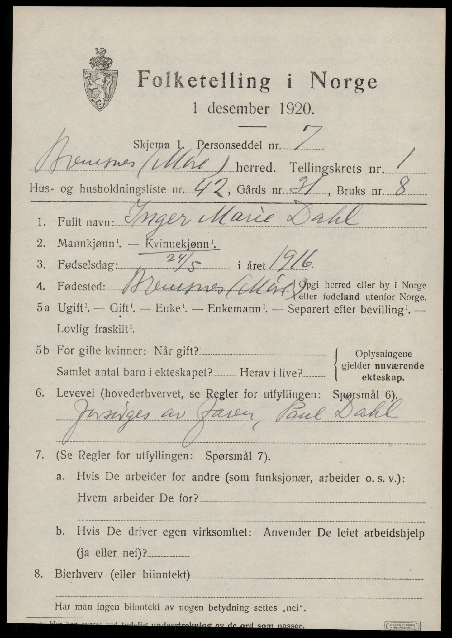 SAT, Folketelling 1920 for 1554 Bremsnes herred, 1920, s. 2025