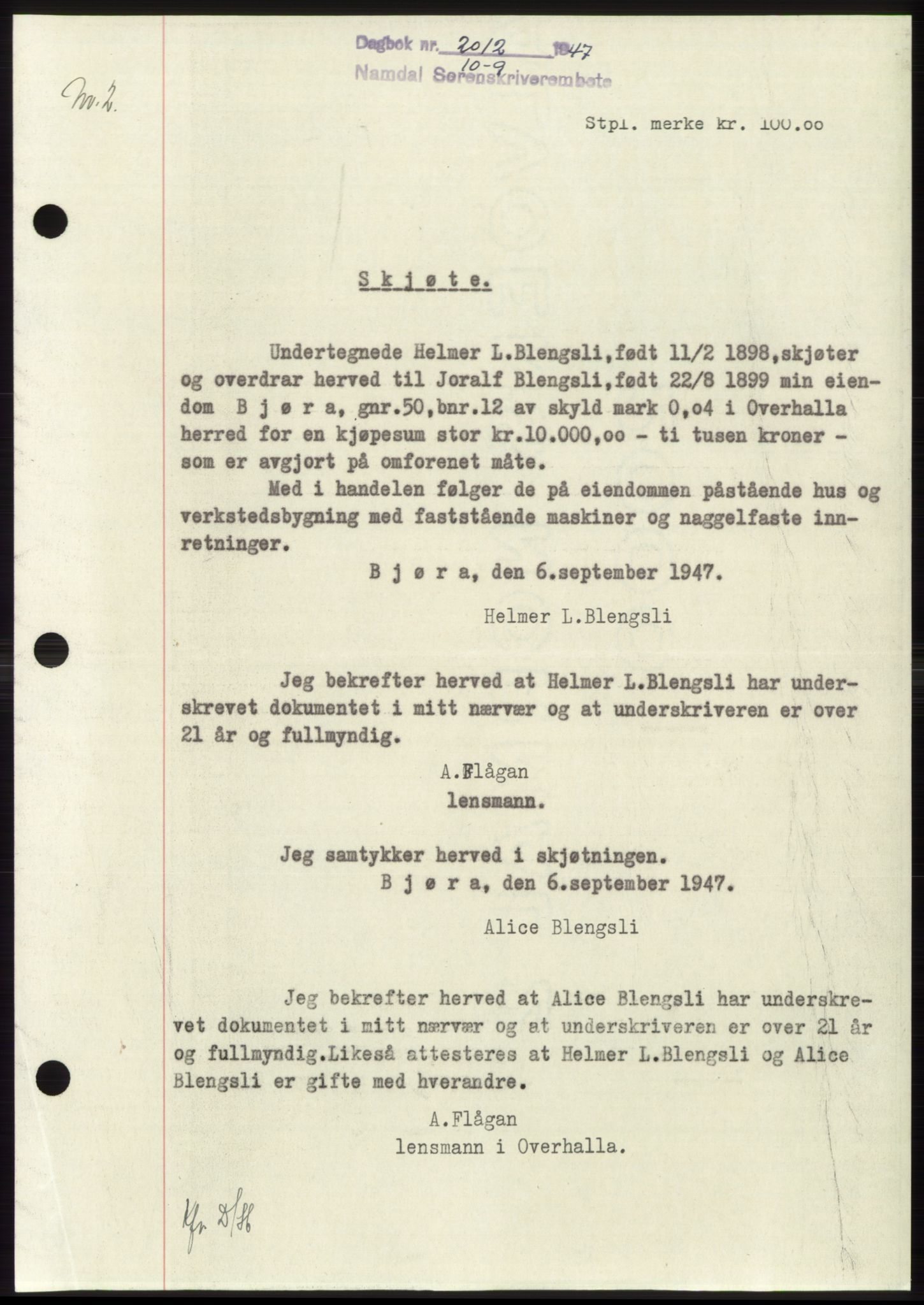 Namdal sorenskriveri, SAT/A-4133/1/2/2C: Pantebok nr. -, 1947-1947, Dagboknr: 2012/1947