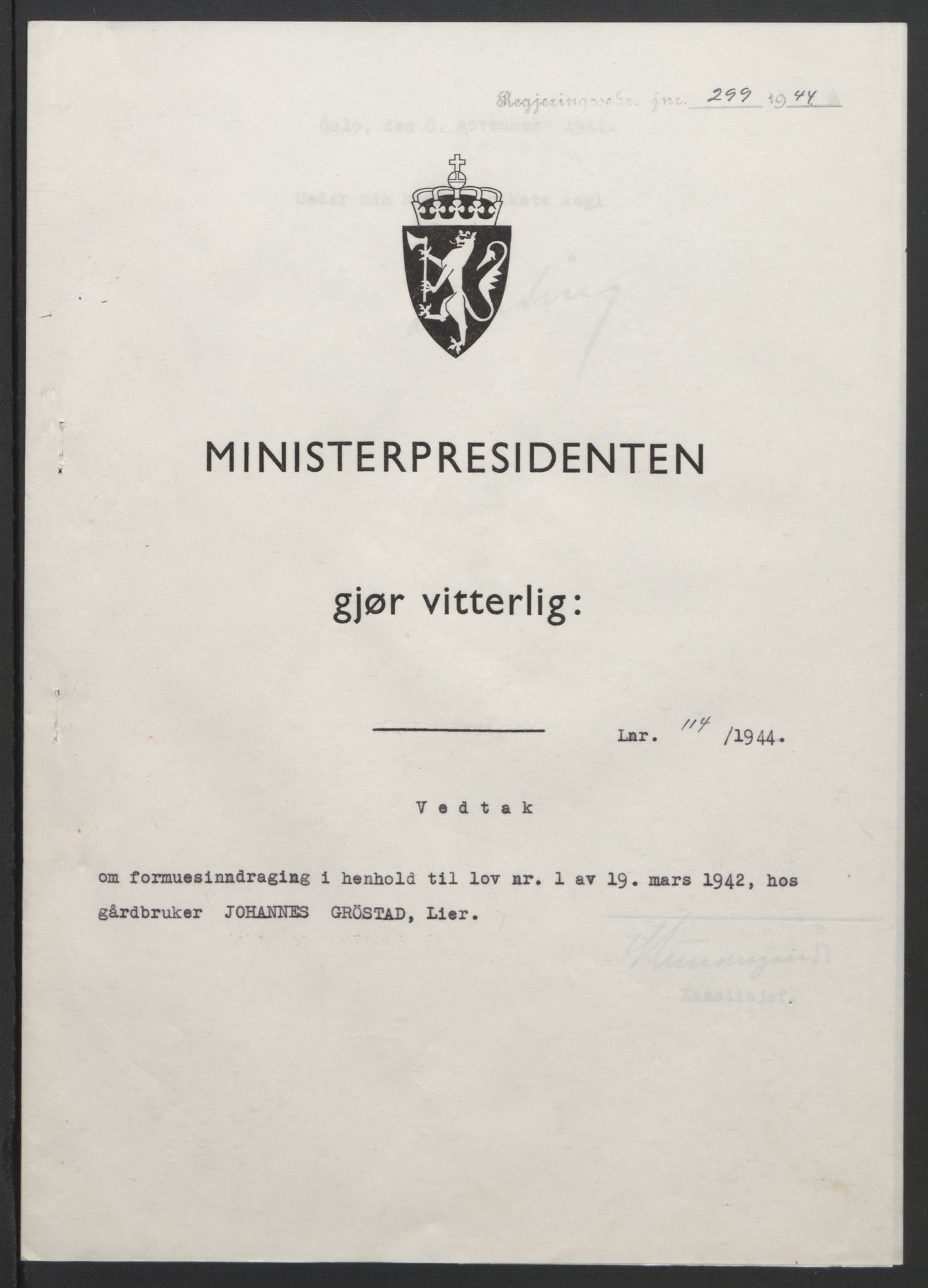 NS-administrasjonen 1940-1945 (Statsrådsekretariatet, de kommisariske statsråder mm), AV/RA-S-4279/D/Db/L0111/0003: Saker fra krigsårene / Journal, 1940-1945, s. 347