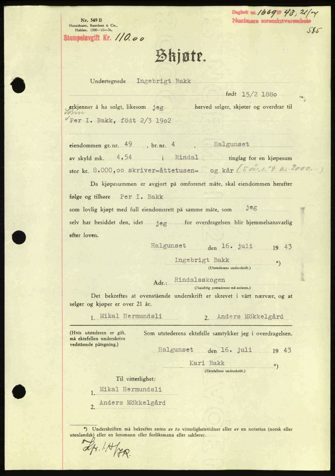 Nordmøre sorenskriveri, AV/SAT-A-4132/1/2/2Ca: Pantebok nr. A95, 1943-1943, Dagboknr: 1669/1943