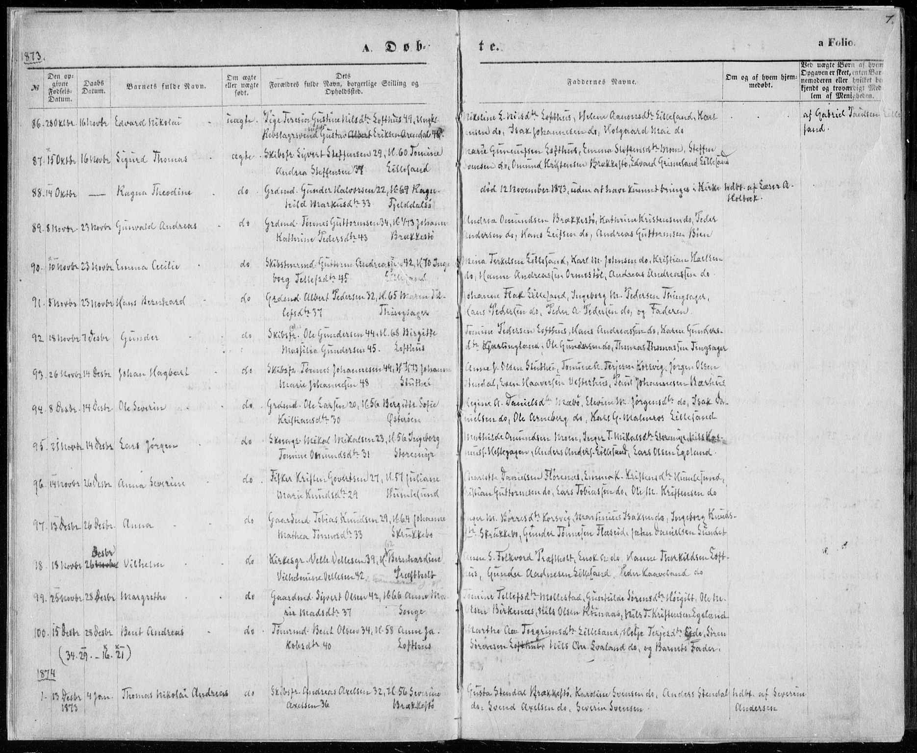 Vestre Moland sokneprestkontor, AV/SAK-1111-0046/F/Fa/Fab/L0008: Ministerialbok nr. A 8, 1873-1883, s. 7