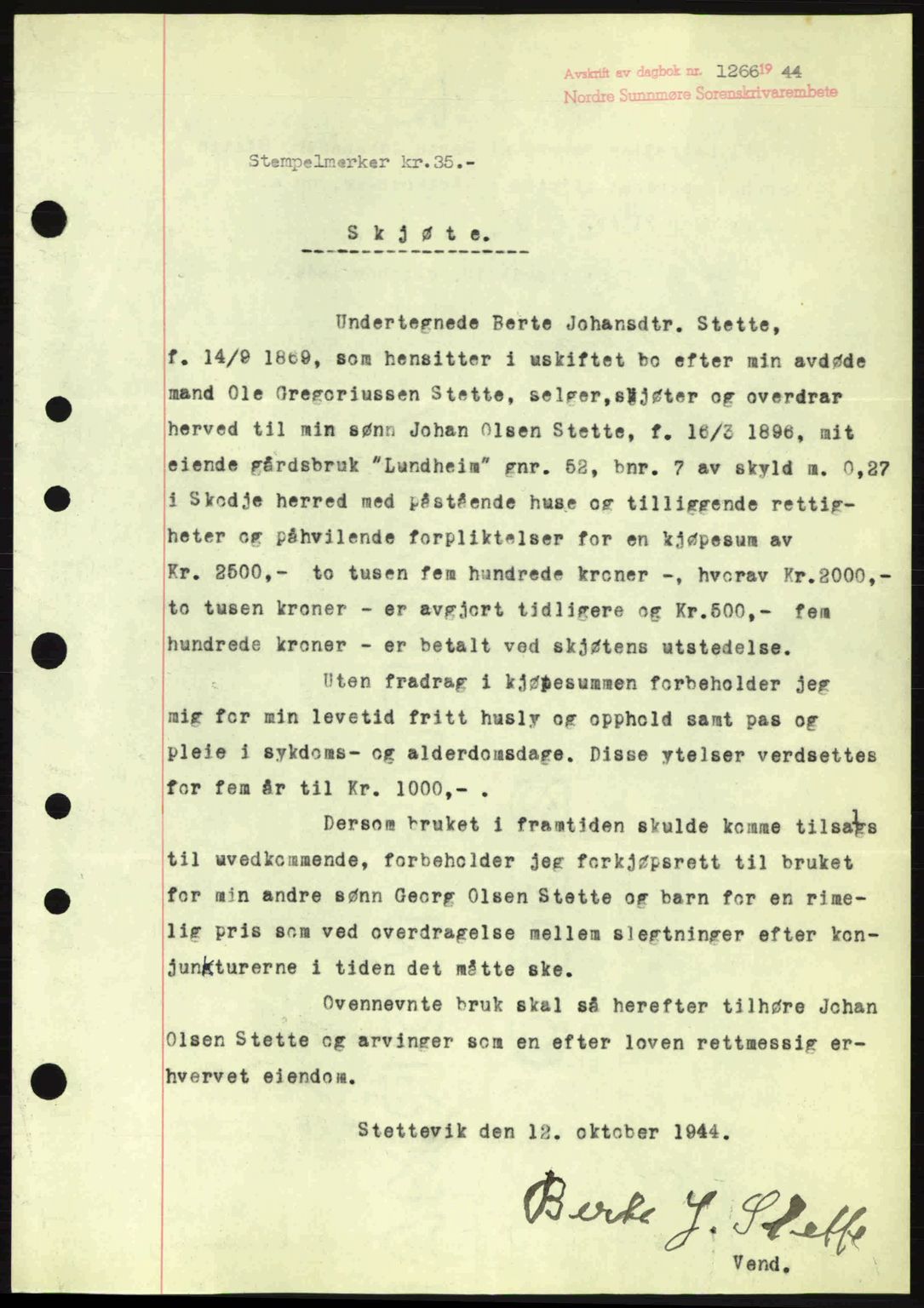 Nordre Sunnmøre sorenskriveri, SAT/A-0006/1/2/2C/2Ca: Pantebok nr. A18, 1944-1944, Dagboknr: 1266/1944