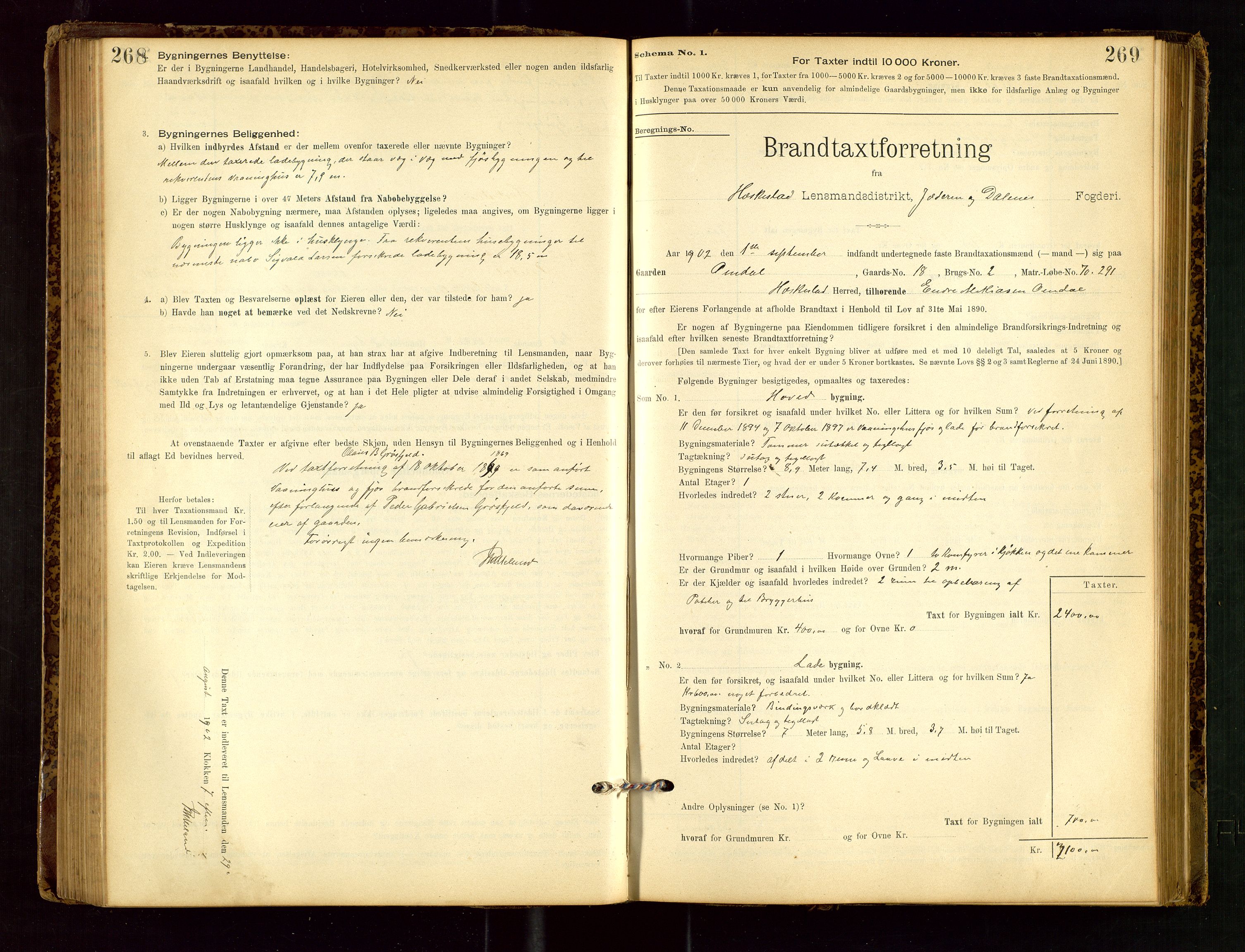Heskestad lensmannskontor, SAST/A-100304/Gob/L0001: "Brandtaxationsprotokol", 1894-1915, s. 268-269