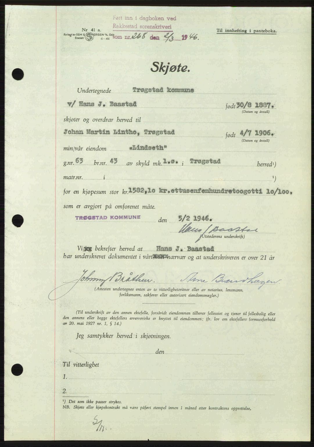 Rakkestad sorenskriveri, AV/SAO-A-10686/G/Gb/Gba/Gbab/L0012a: Pantebok nr. A12 I, 1945-1946, Dagboknr: 268/1946