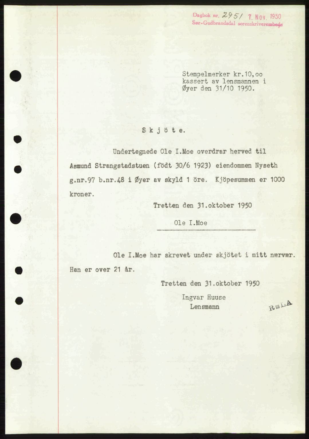 Sør-Gudbrandsdal tingrett, SAH/TING-004/H/Hb/Hbd/L0029: Pantebok nr. A29, 1950-1950, Dagboknr: 2951/1950