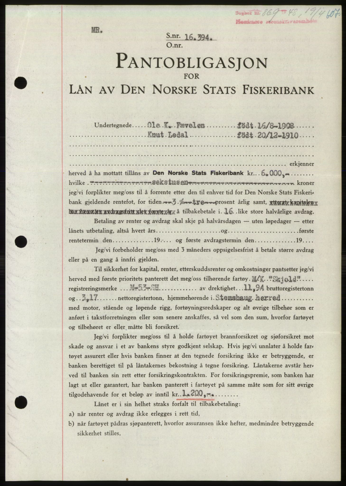 Nordmøre sorenskriveri, SAT/A-4132/1/2/2Ca: Pantebok nr. B98, 1948-1948, Dagboknr: 869/1948