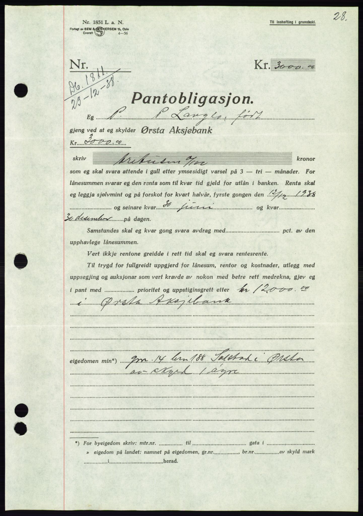 Søre Sunnmøre sorenskriveri, AV/SAT-A-4122/1/2/2C/L0067: Pantebok nr. 61, 1938-1939, Dagboknr: 1811/1938