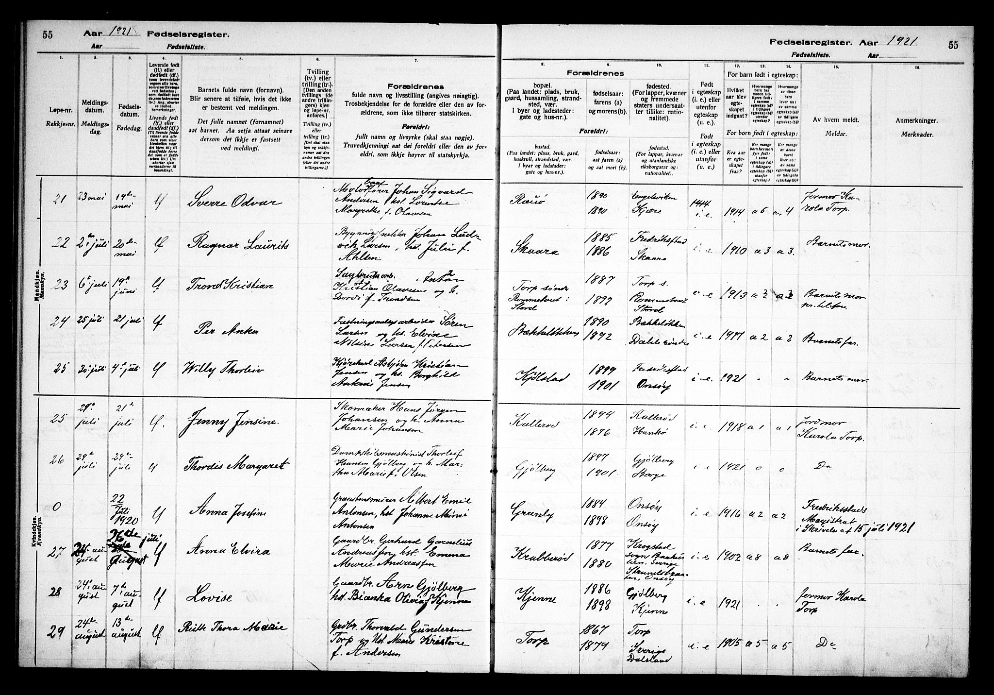 Onsøy prestekontor Kirkebøker, AV/SAO-A-10914/J/Ja/L0001: Fødselsregister nr. I 1, 1916-1937, s. 55