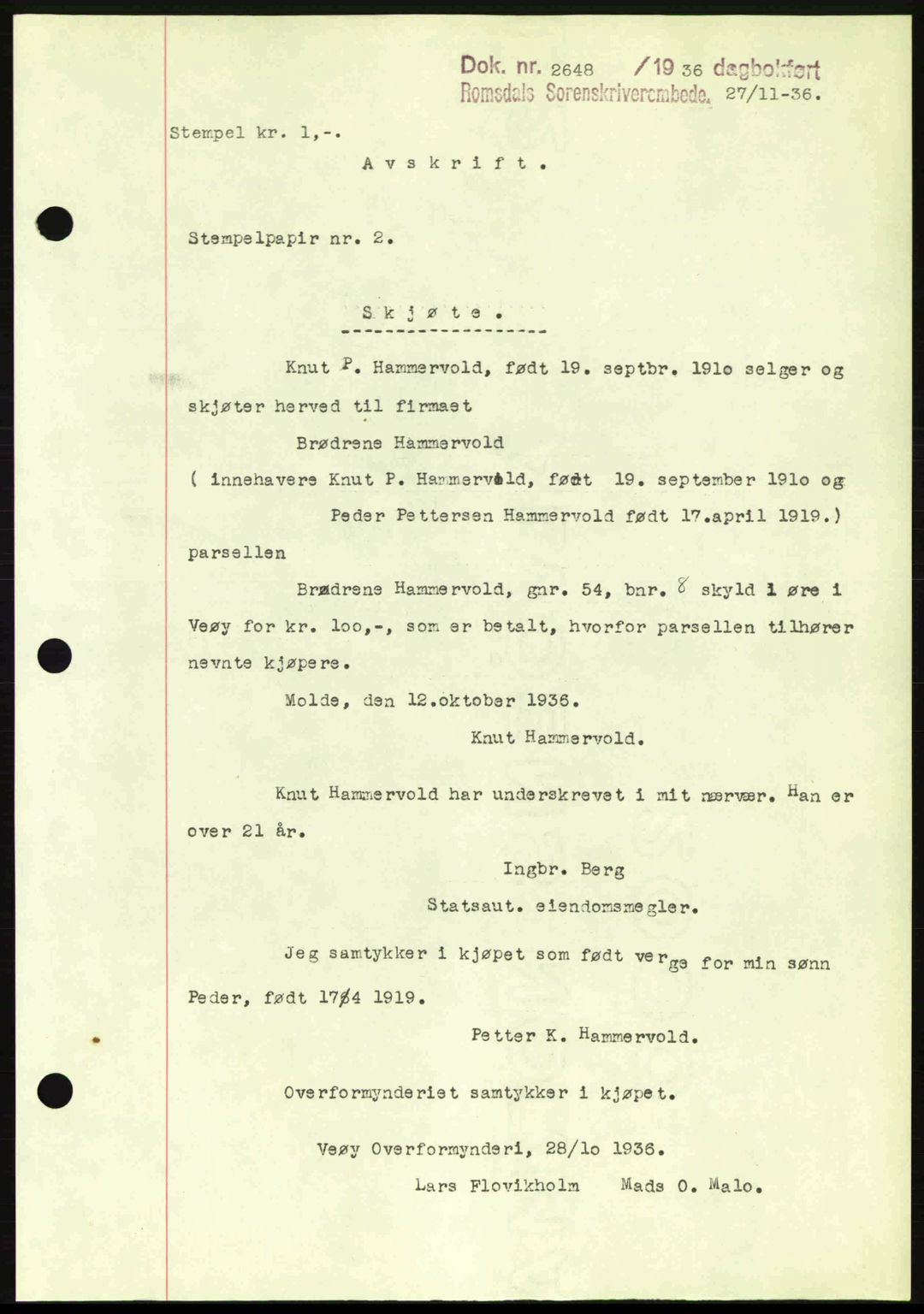 Romsdal sorenskriveri, SAT/A-4149/1/2/2C: Pantebok nr. A2, 1936-1937, Dagboknr: 2648/1936