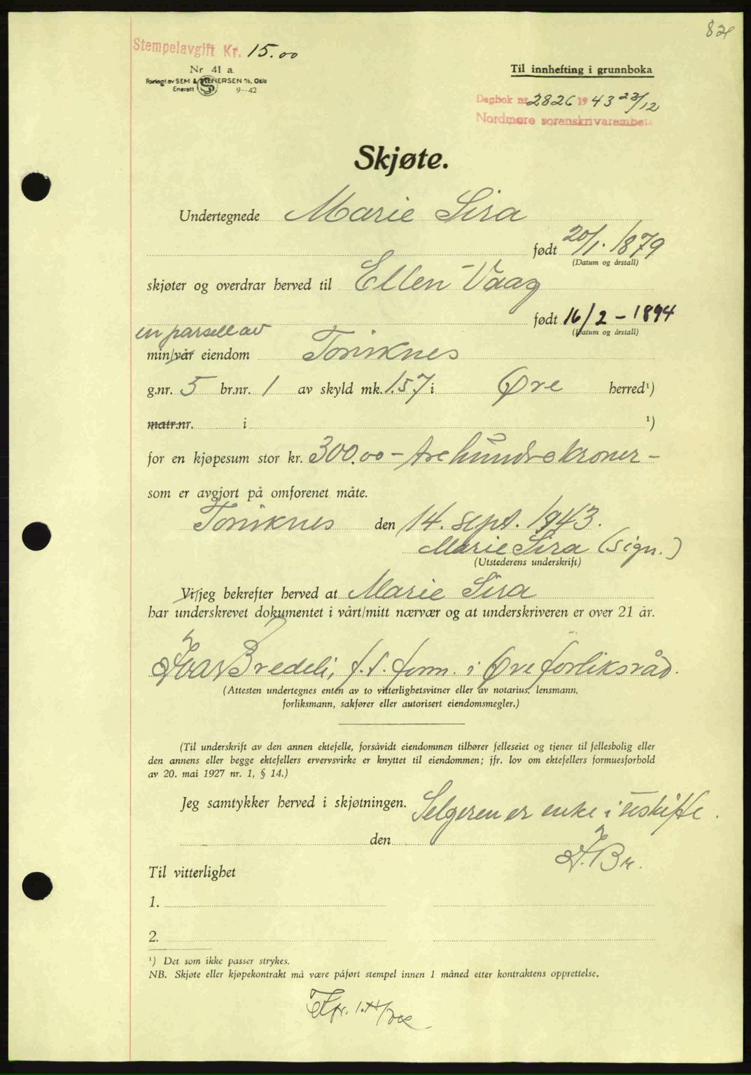 Nordmøre sorenskriveri, AV/SAT-A-4132/1/2/2Ca: Pantebok nr. A96, 1943-1944, Dagboknr: 2826/1943