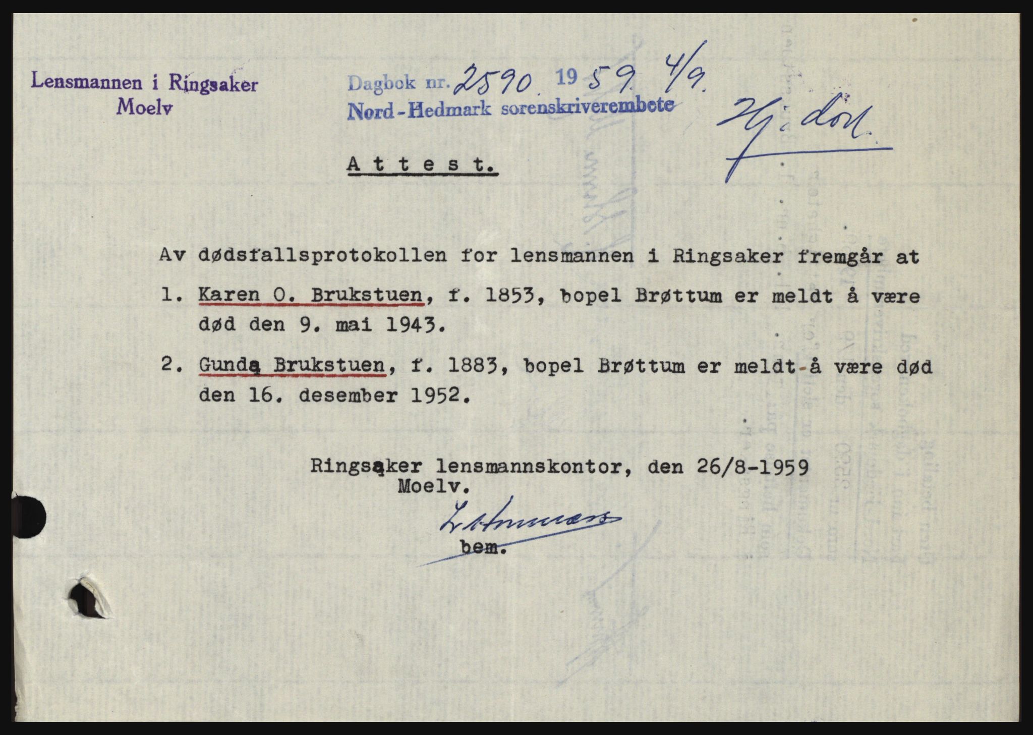 Nord-Hedmark sorenskriveri, SAH/TING-012/H/Hc/L0013: Pantebok nr. 13, 1959-1960, Dagboknr: 2590/1959