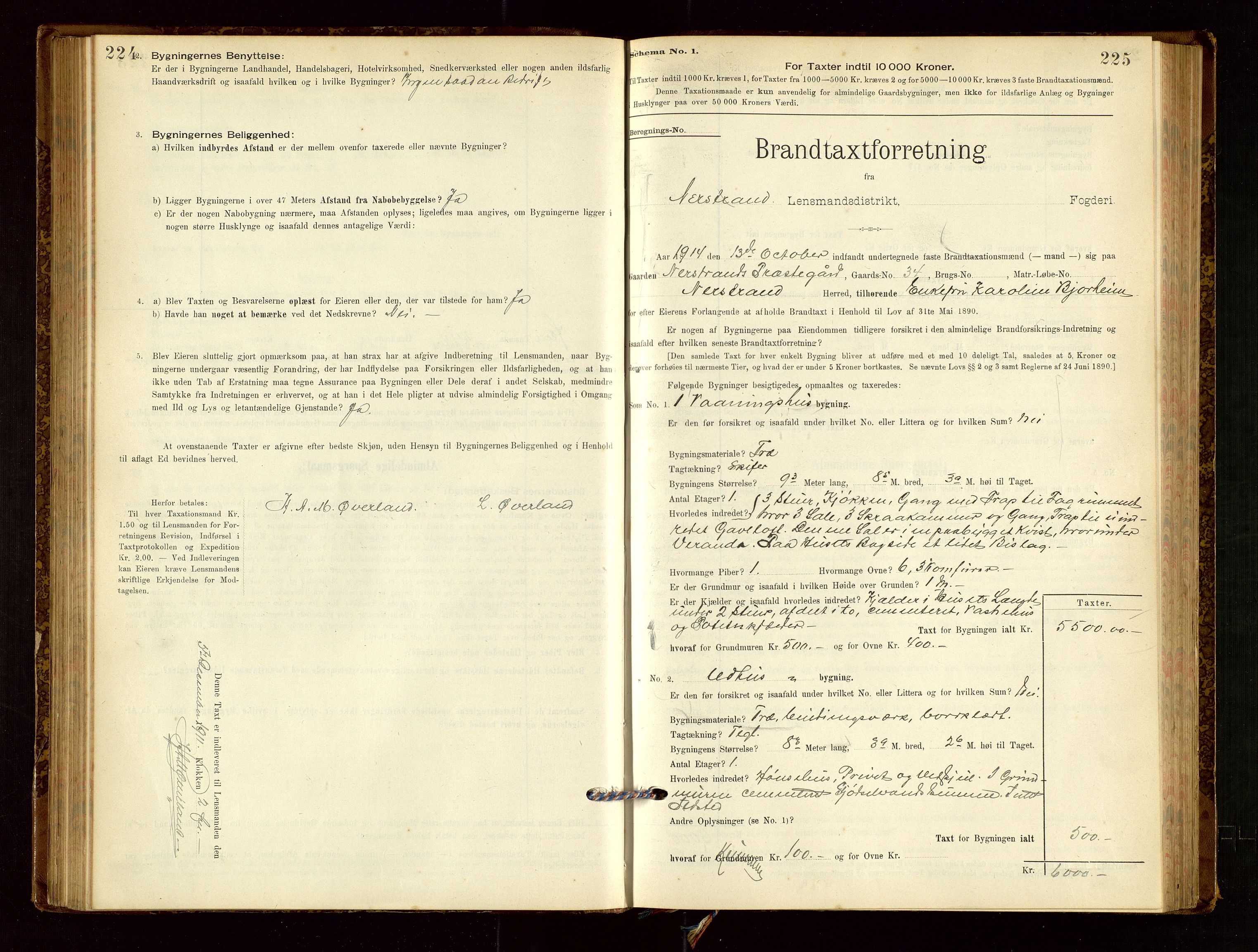 Nedstrand lensmannskontor, SAST/A-100236/Gob/L0001: "Brandtaxationsprotokol for Nerstrand Lensmandsdistrikt Ryfylke fogderi", 1895-1915, s. 224-225