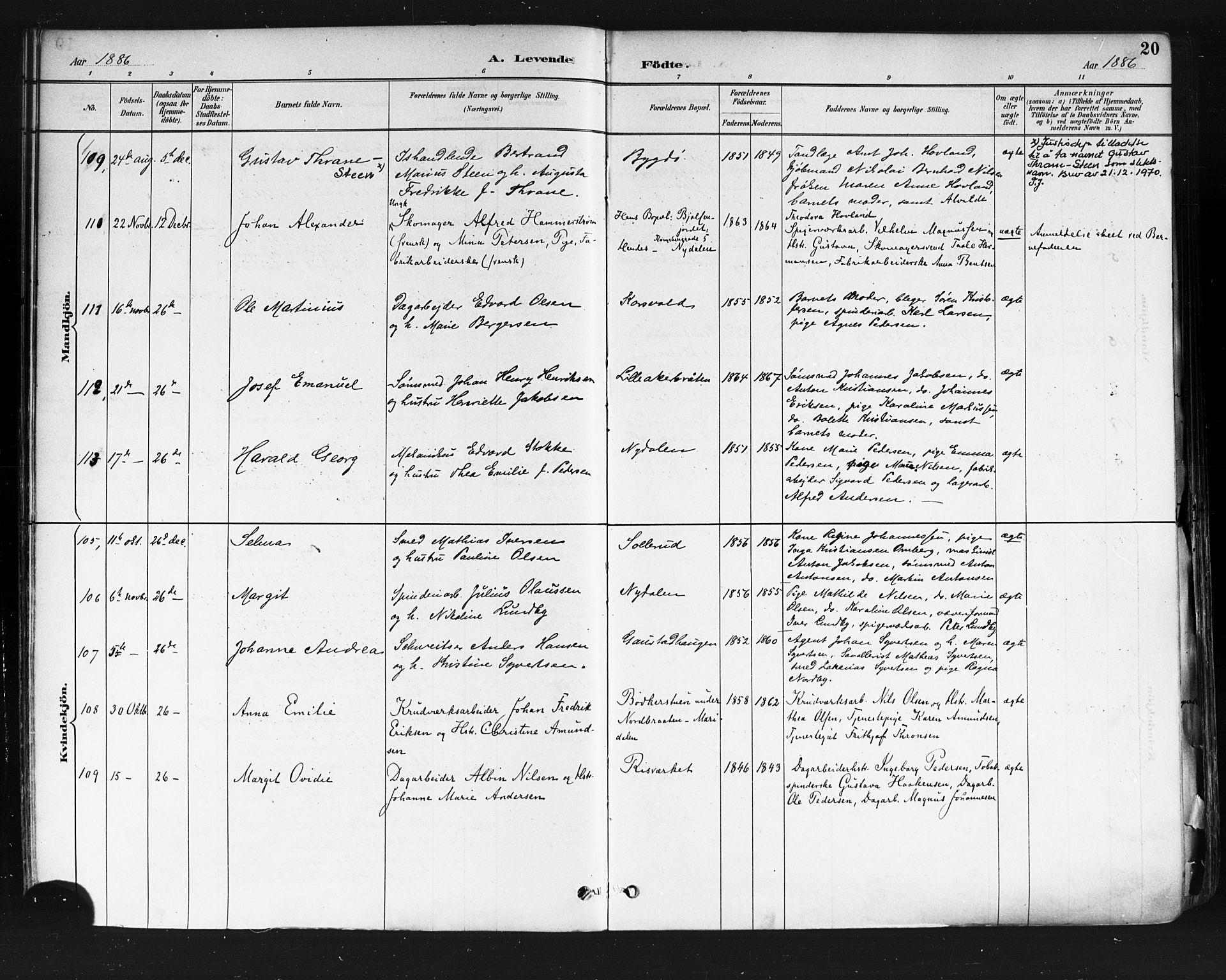 Vestre Aker prestekontor Kirkebøker, AV/SAO-A-10025/F/Fa/L0010: Ministerialbok nr. 10, 1886-1903, s. 20