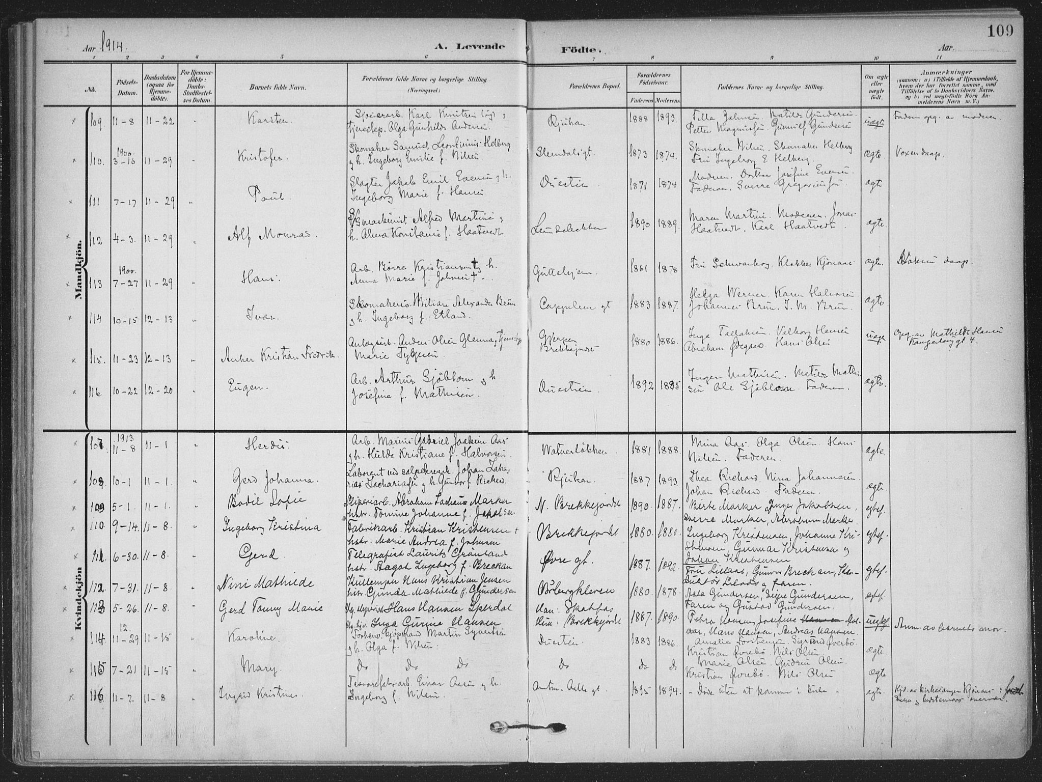 Skien kirkebøker, AV/SAKO-A-302/F/Fa/L0012: Ministerialbok nr. 12, 1908-1914, s. 109