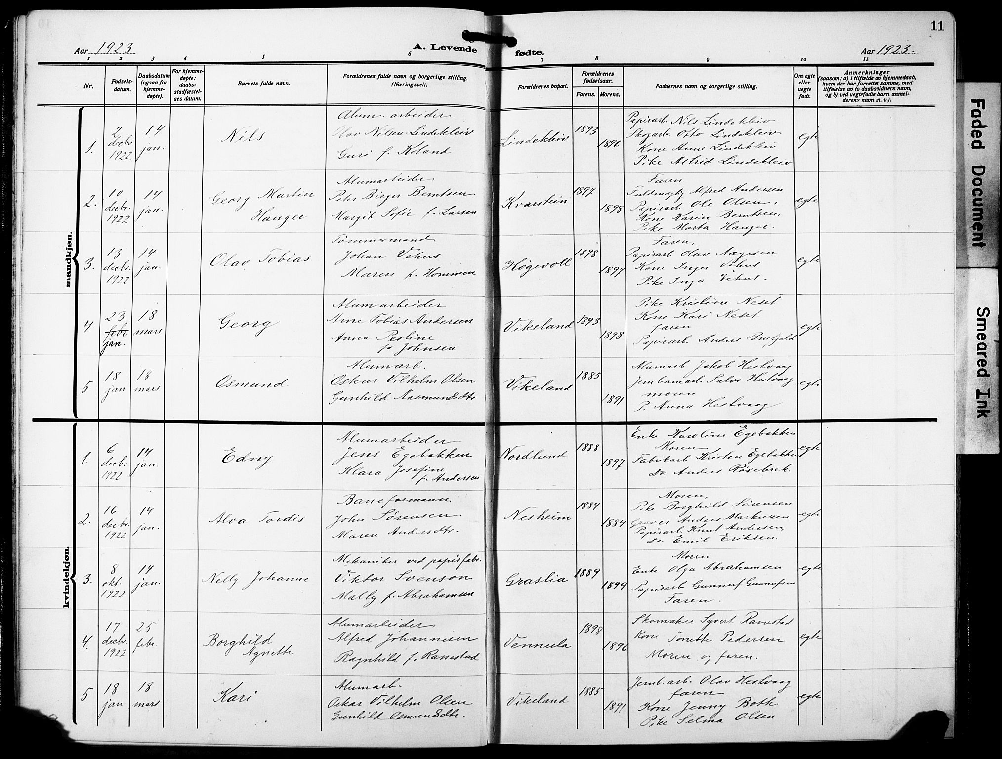 Vennesla sokneprestkontor, SAK/1111-0045/Fb/Fbb/L0007: Klokkerbok nr. B 7, 1922-1933, s. 11