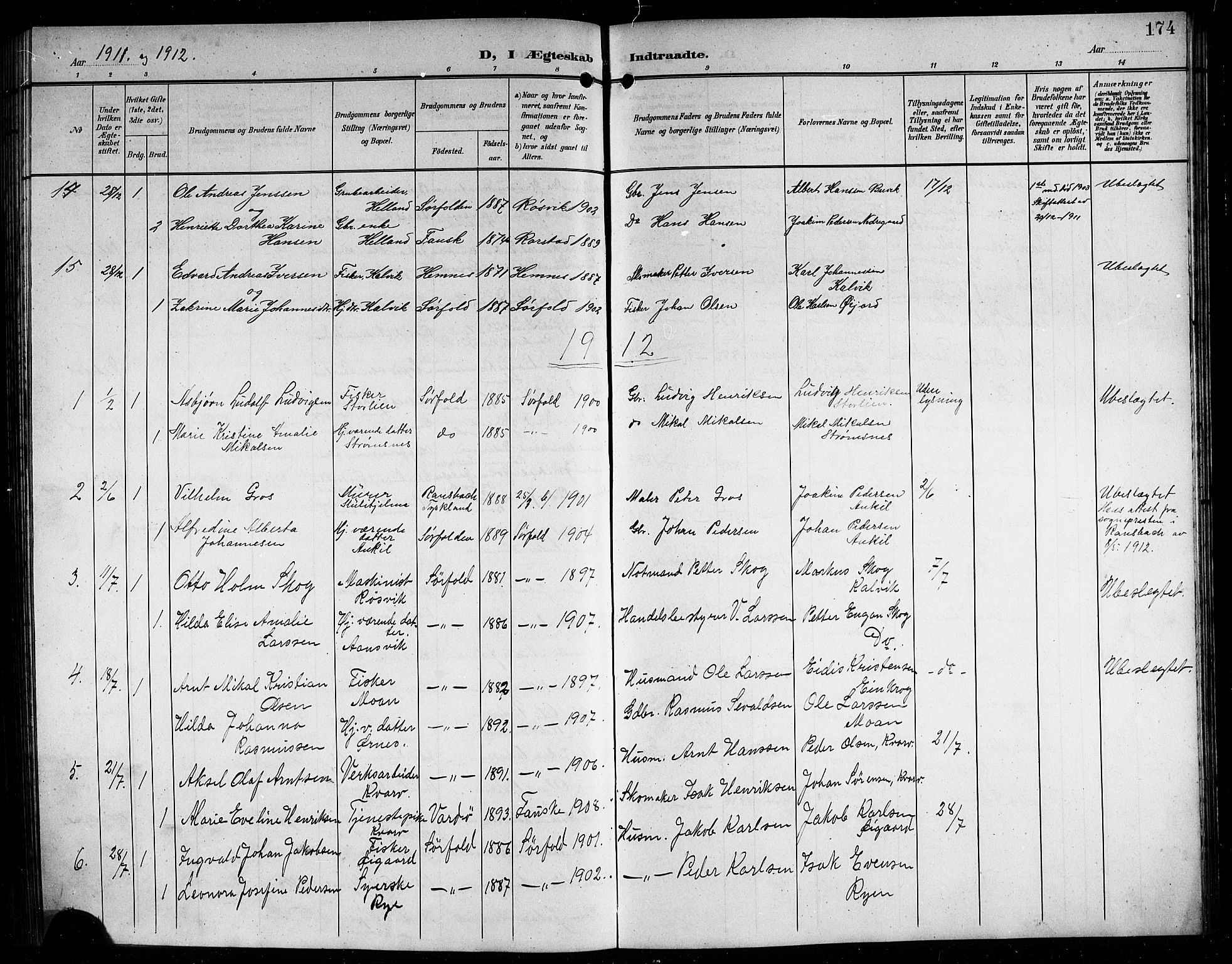 Ministerialprotokoller, klokkerbøker og fødselsregistre - Nordland, AV/SAT-A-1459/854/L0786: Klokkerbok nr. 854C02, 1901-1912, s. 174
