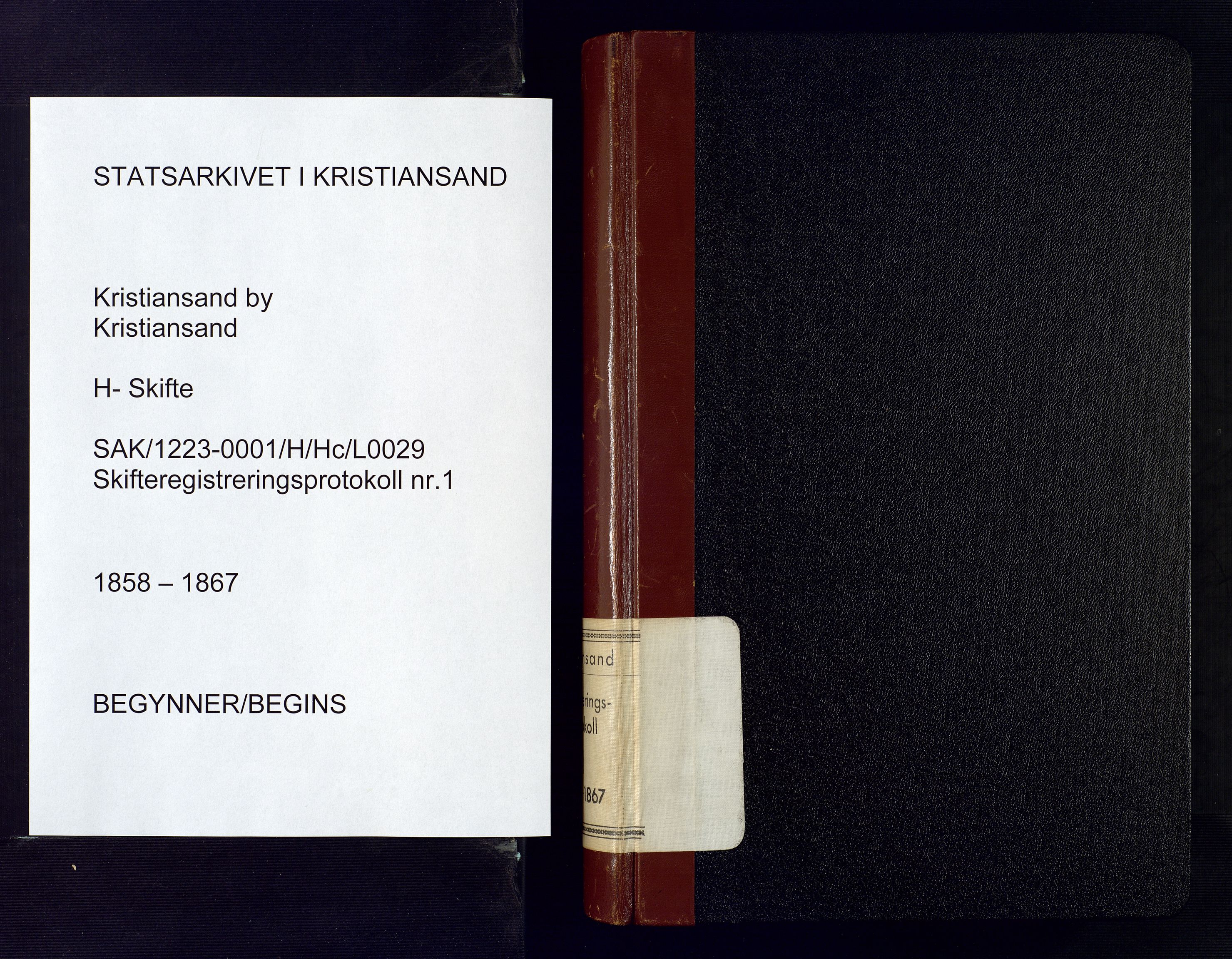 Kristiansand byrett, AV/SAK-1223-0001/H/Hc/L0029: Skifteregistreringsprotokoll nr. 1, med register, 1858-1867