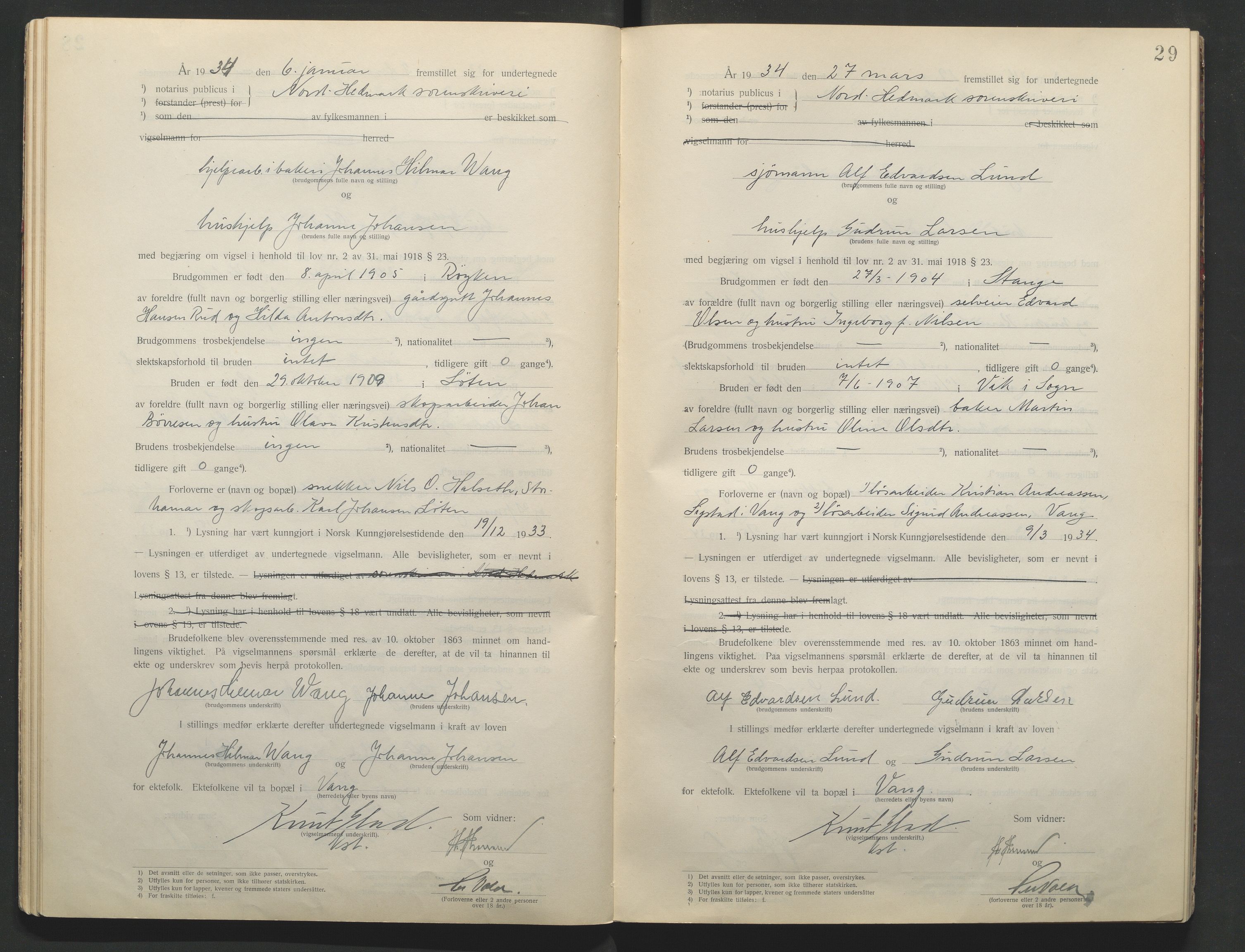 Nord-Hedmark sorenskriveri, AV/SAH-TING-012/L/Lc/L0001/0001: Vigselsprotokoller / Vigselsprotokoll, 1920-1942, s. 29