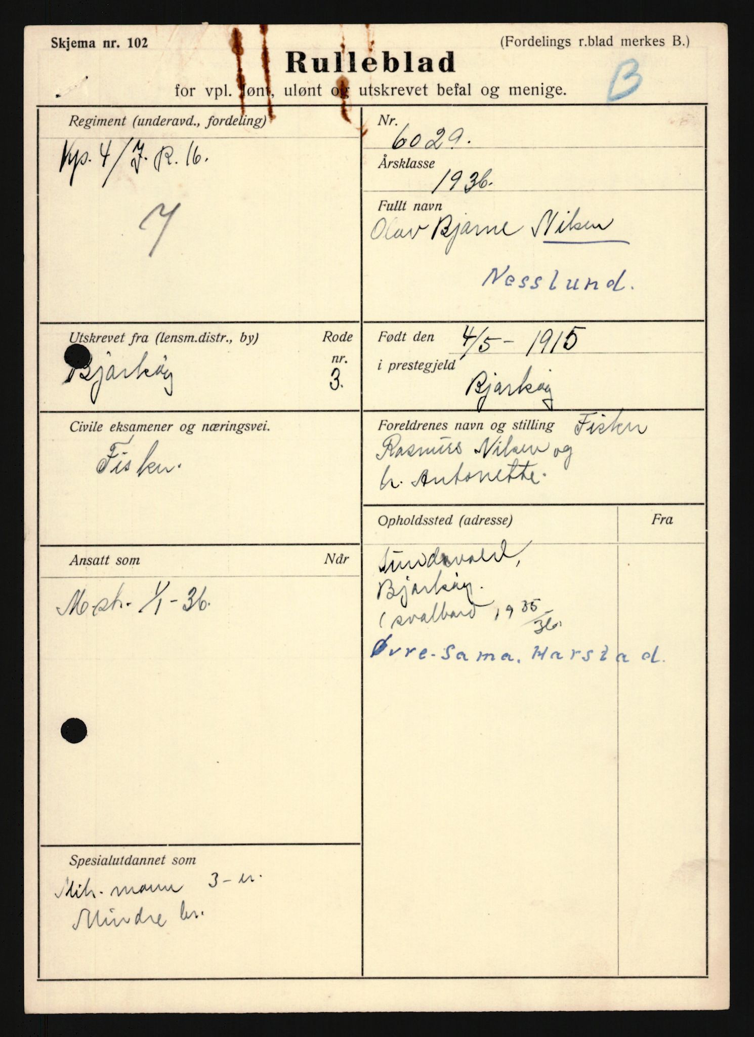 Forsvaret, Troms infanteriregiment nr. 16, AV/RA-RAFA-3146/P/Pa/L0020: Rulleblad for regimentets menige mannskaper, årsklasse 1936, 1936, s. 933