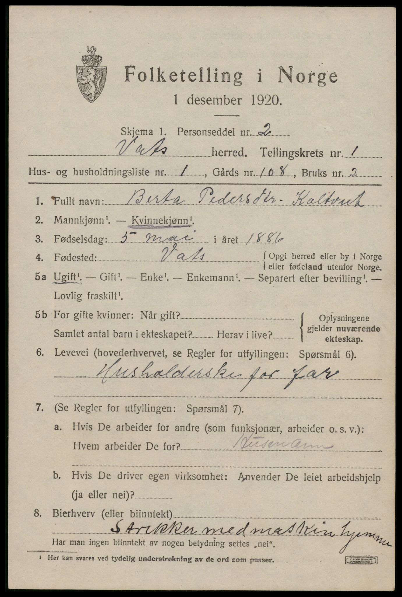 SAST, Folketelling 1920 for 1155 Vats herred, 1920, s. 505