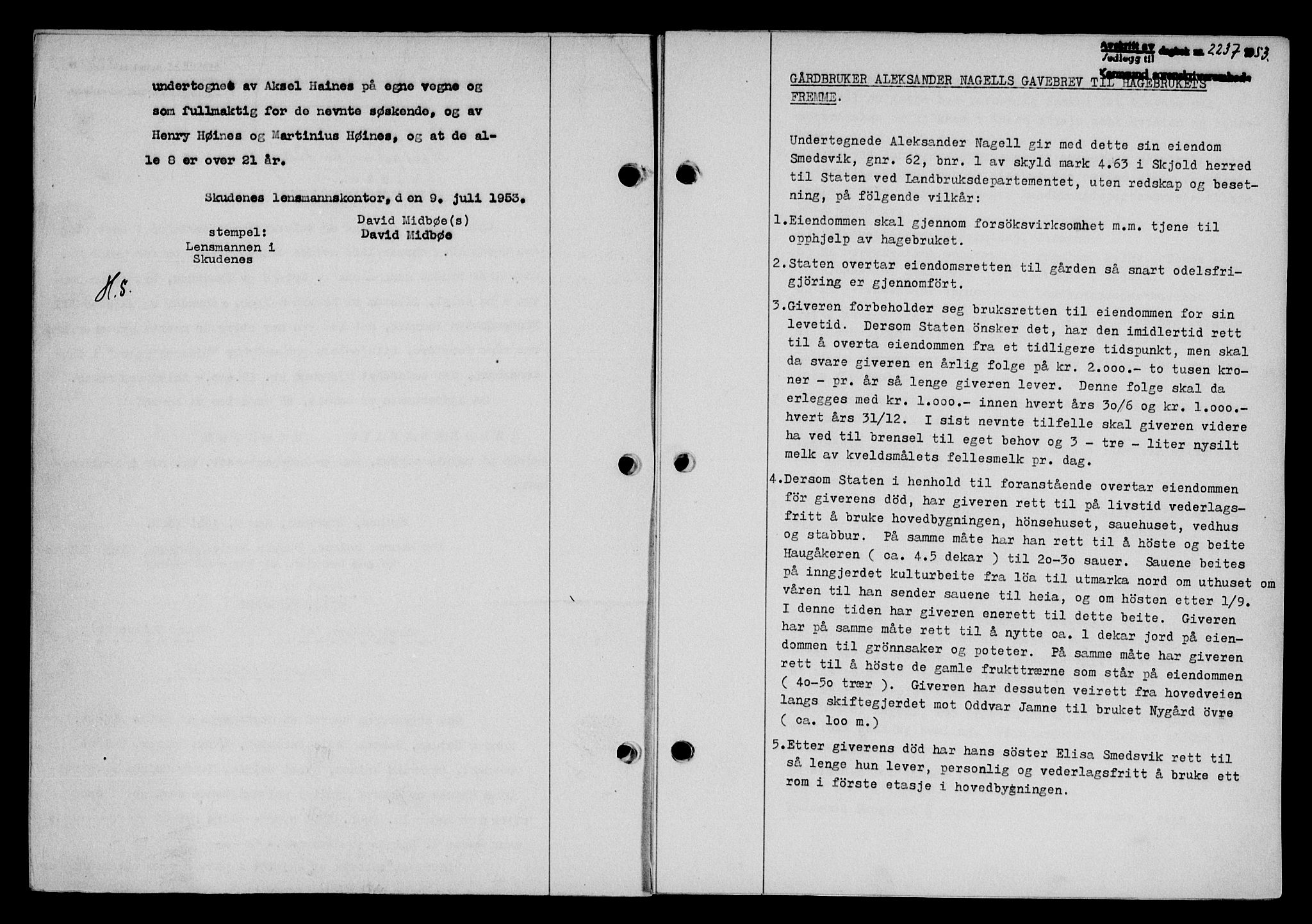 Karmsund sorenskriveri, SAST/A-100311/01/II/IIB/L0109: Pantebok nr. 89A, 1953-1953, Dagboknr: 2237/1953