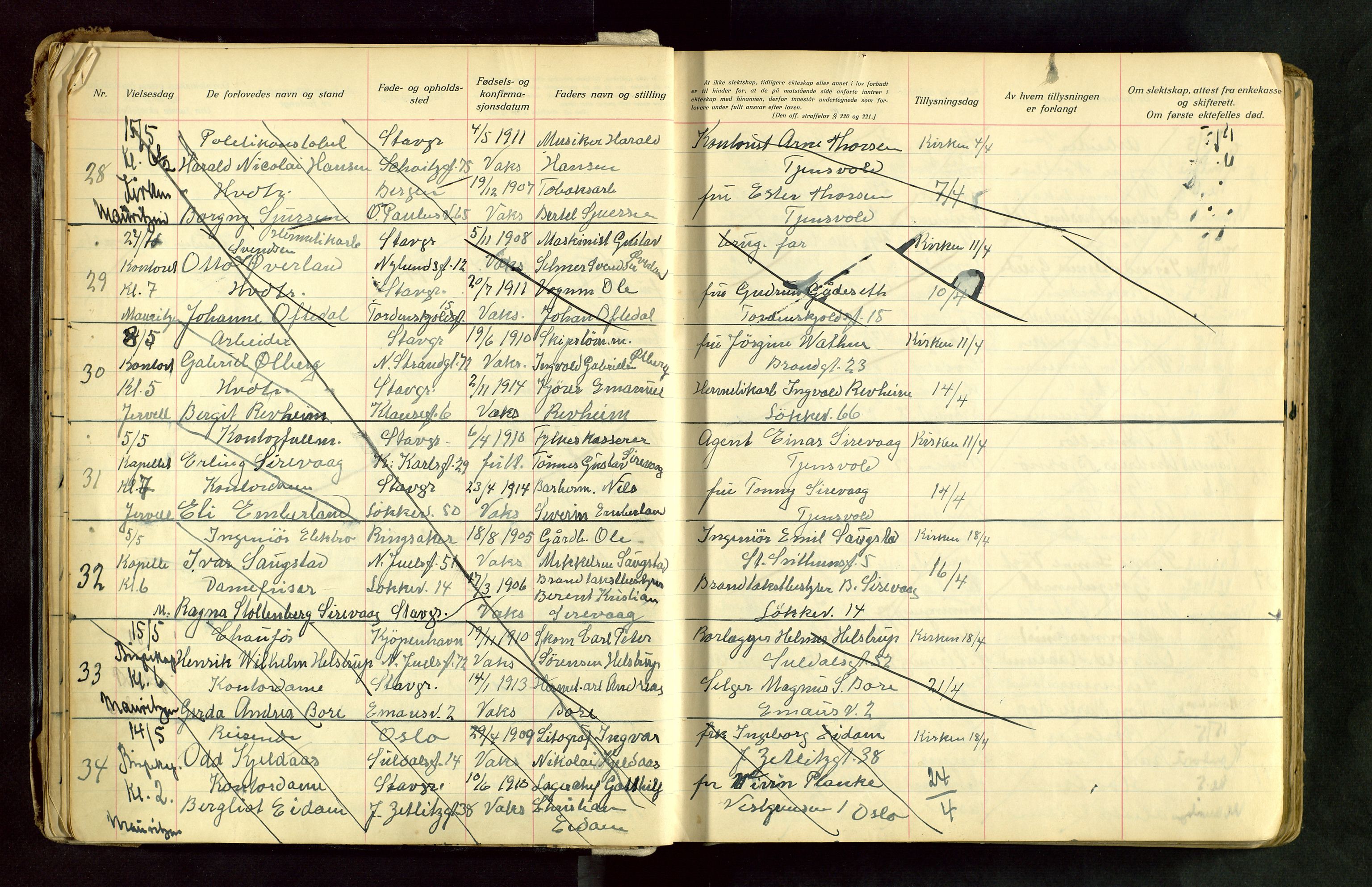 Domkirken sokneprestkontor, AV/SAST-A-101812/001/70/705BA/L0008: Lysningsprotokoll nr. 8, 1936-1956