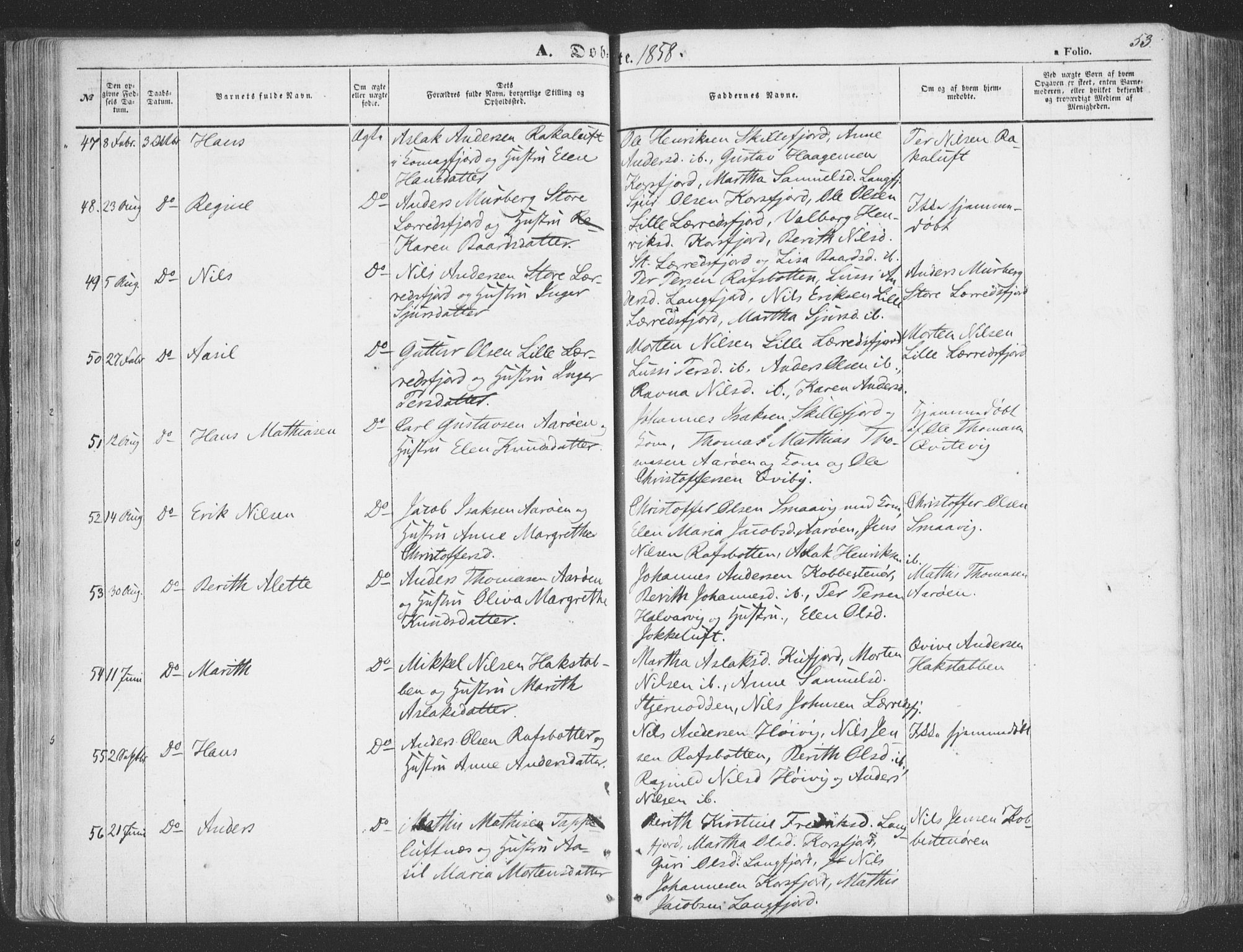 Talvik sokneprestkontor, AV/SATØ-S-1337/H/Ha/L0010kirke: Ministerialbok nr. 10, 1852-1864, s. 53