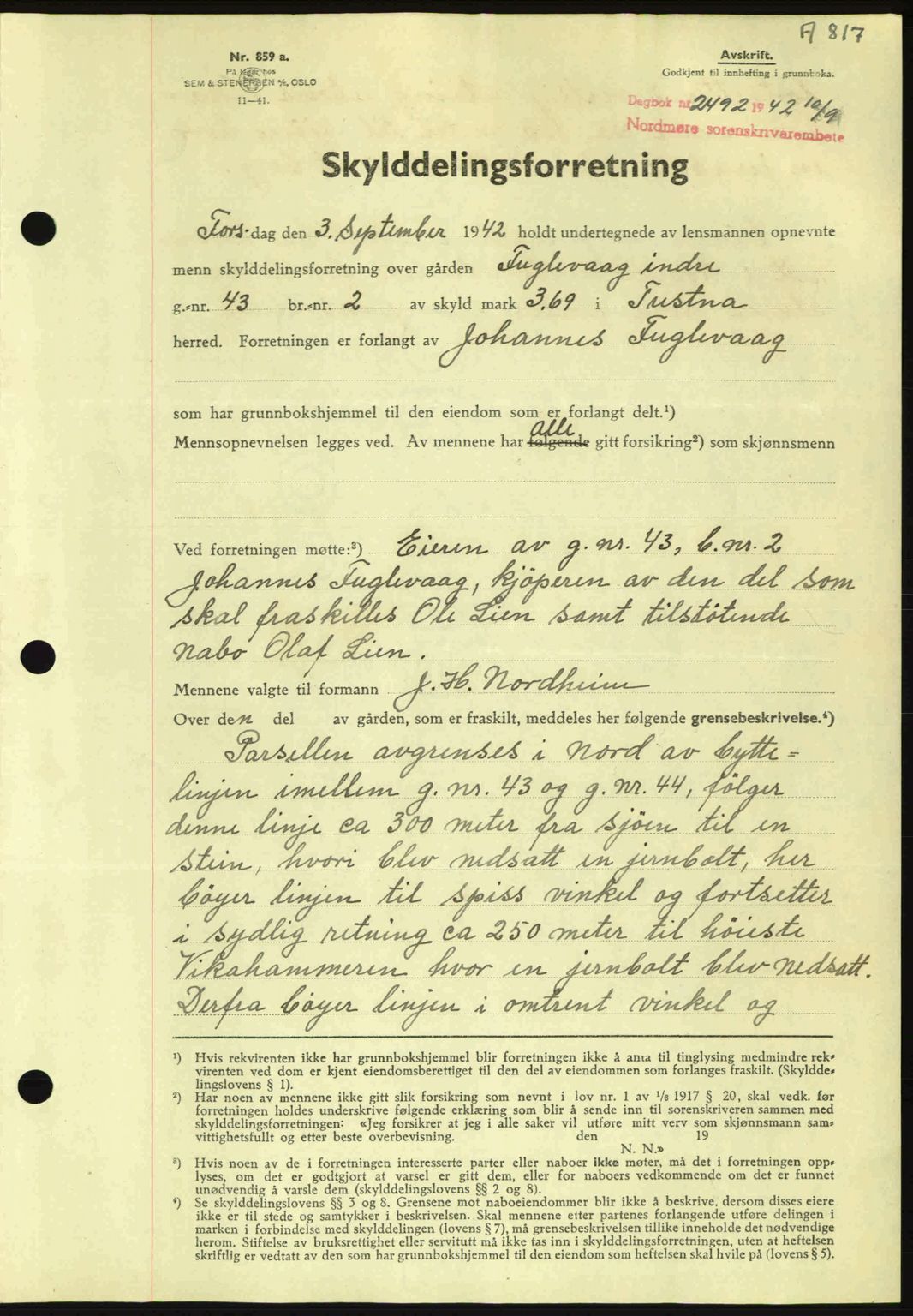 Nordmøre sorenskriveri, SAT/A-4132/1/2/2Ca: Pantebok nr. A93, 1942-1942, Dagboknr: 2492/1942