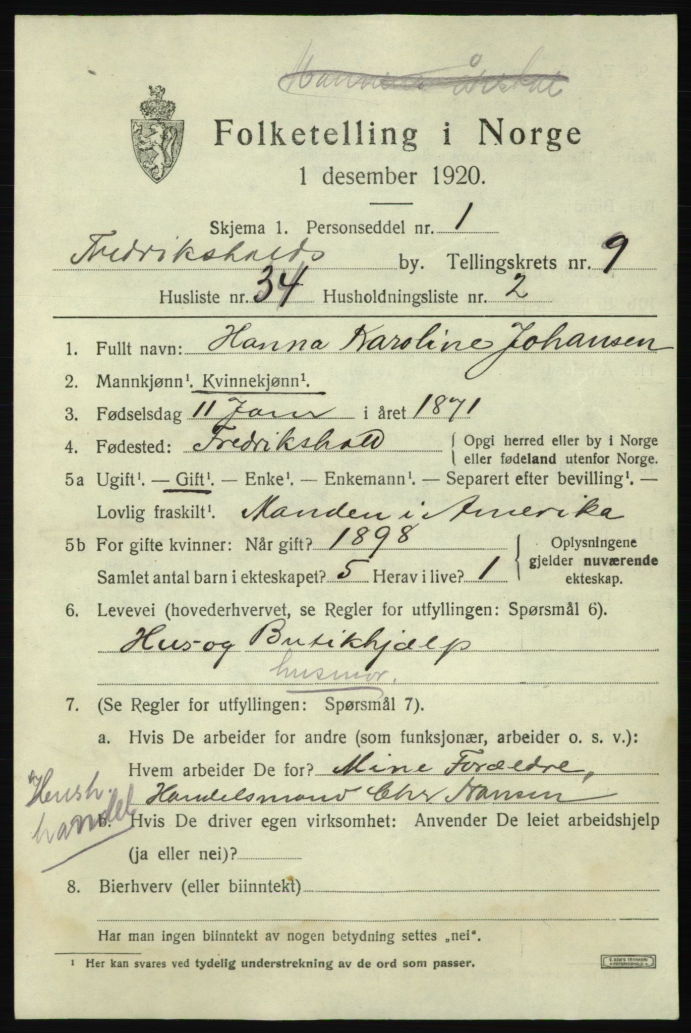 SAO, Folketelling 1920 for 0101 Fredrikshald kjøpstad, 1920, s. 16639