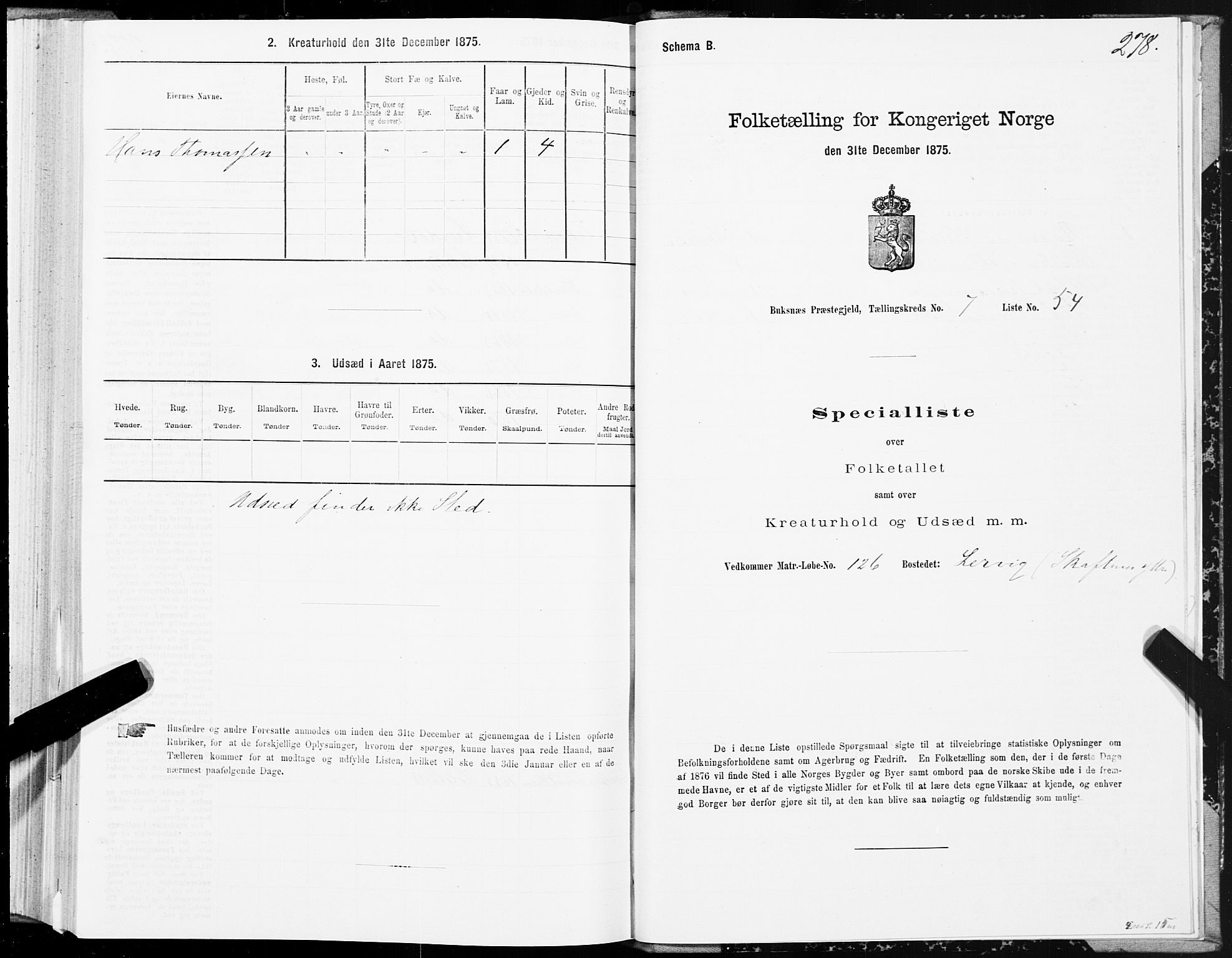 SAT, Folketelling 1875 for 1860P Buksnes prestegjeld, 1875, s. 3278