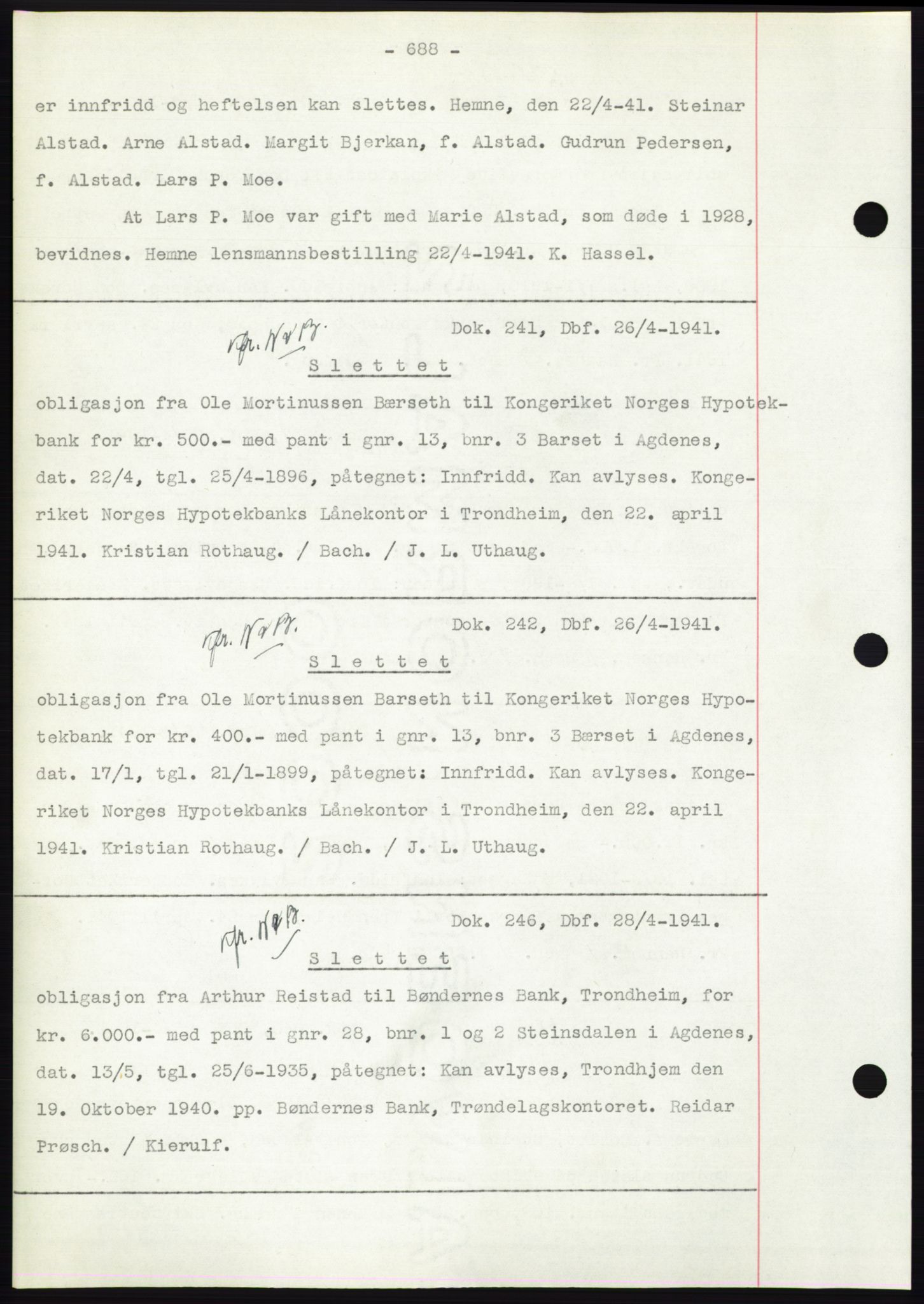 Hitra sorenskriveri, AV/SAT-A-0018/2/2C/2Ca: Pantebok nr. C1, 1936-1945, Dagboknr: 241/1941