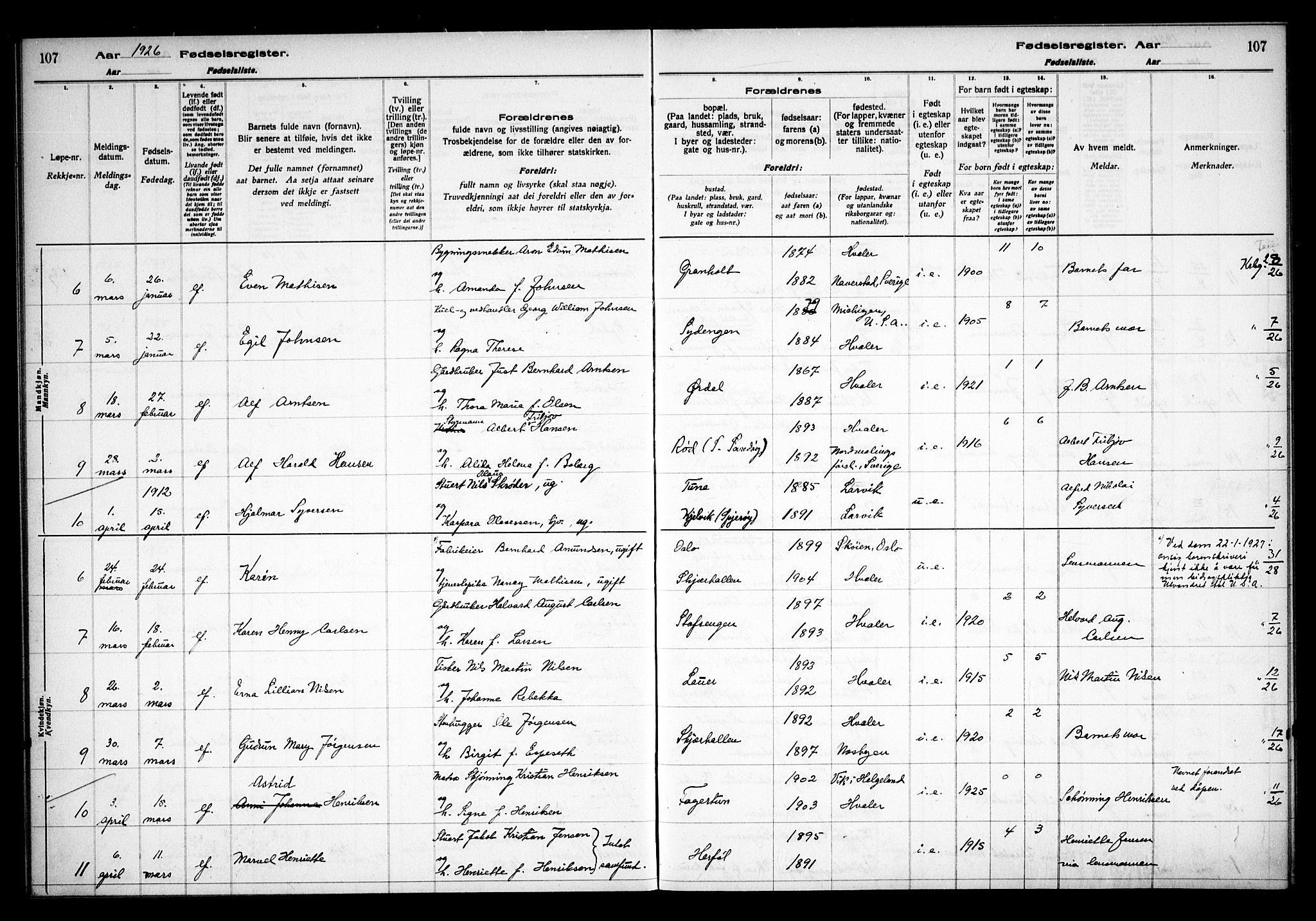 Hvaler prestekontor Kirkebøker, AV/SAO-A-2001/J/Ja/L0001: Fødselsregister nr. I 1, 1916-1938, s. 107