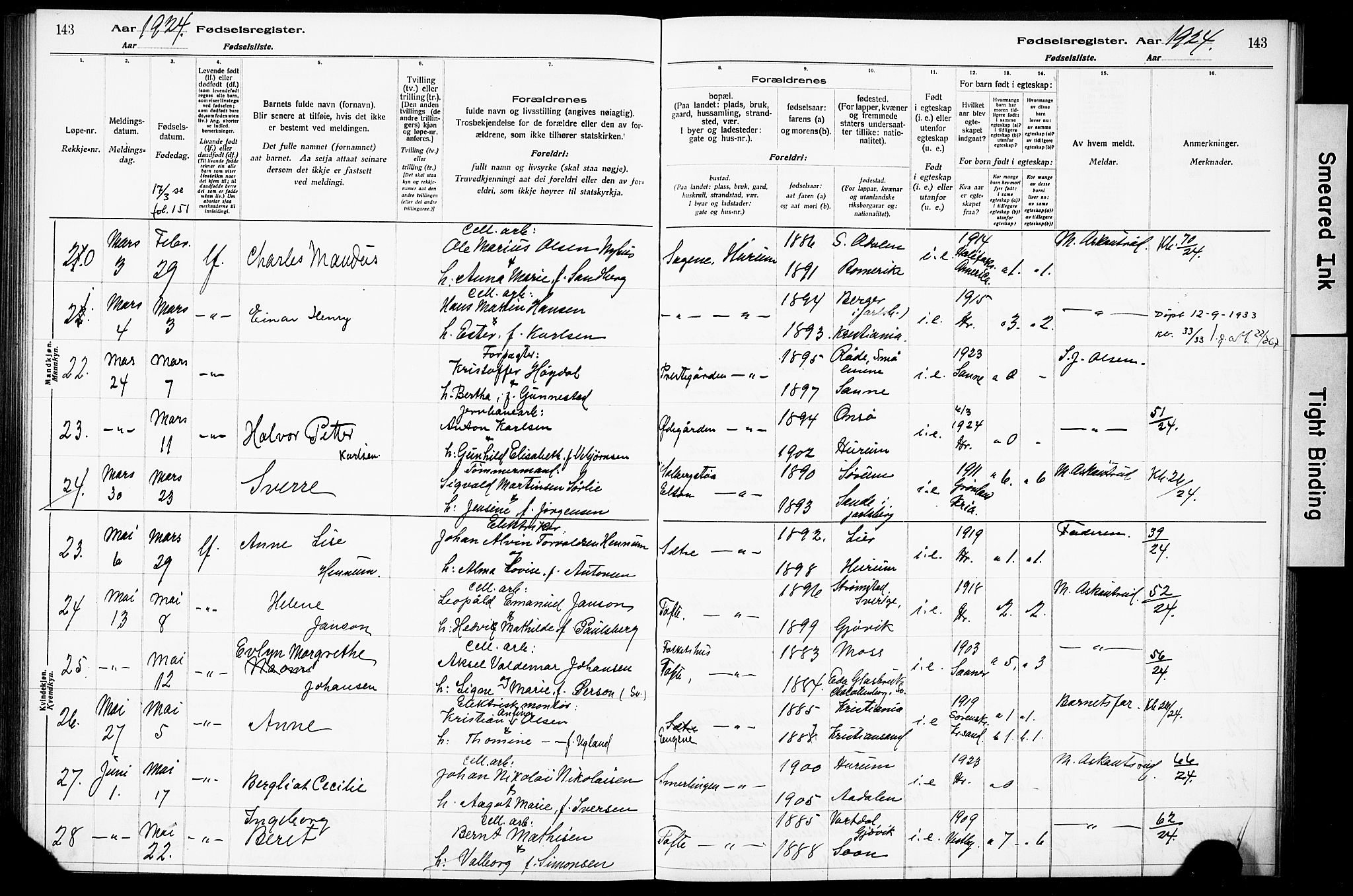 Hurum kirkebøker, AV/SAKO-A-229/J/Ja/L0001: Fødselsregister nr. 1, 1916-1928, s. 143