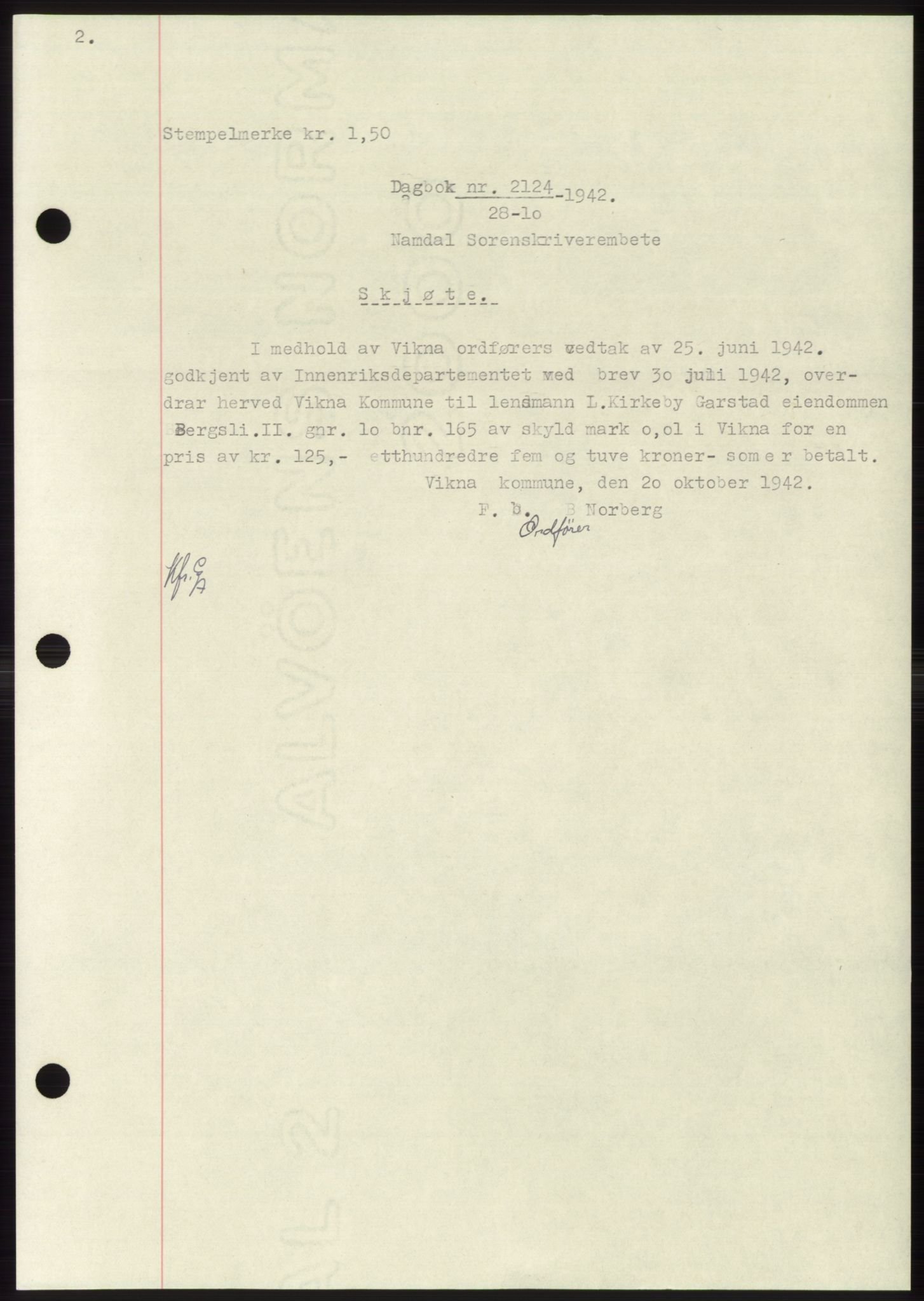 Namdal sorenskriveri, SAT/A-4133/1/2/2C: Pantebok nr. -, 1942-1943, Dagboknr: 2124/1942