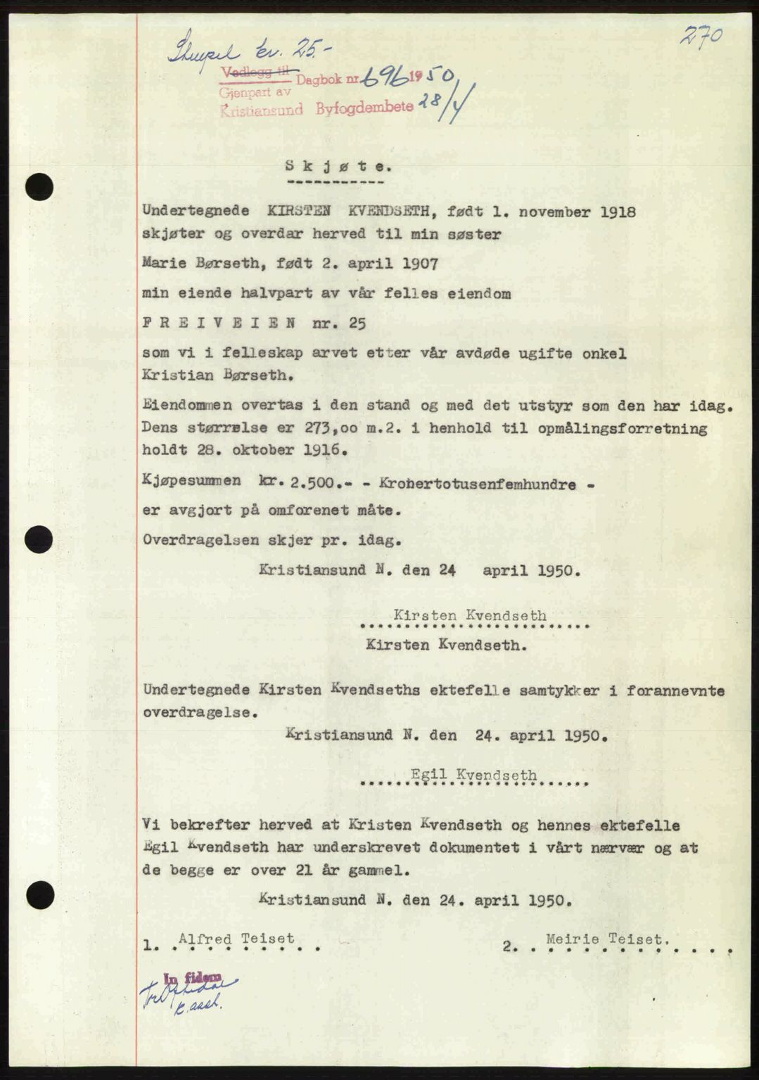 Kristiansund byfogd, AV/SAT-A-4587/A/27: Pantebok nr. 46, 1949-1950, Dagboknr: 696/1950