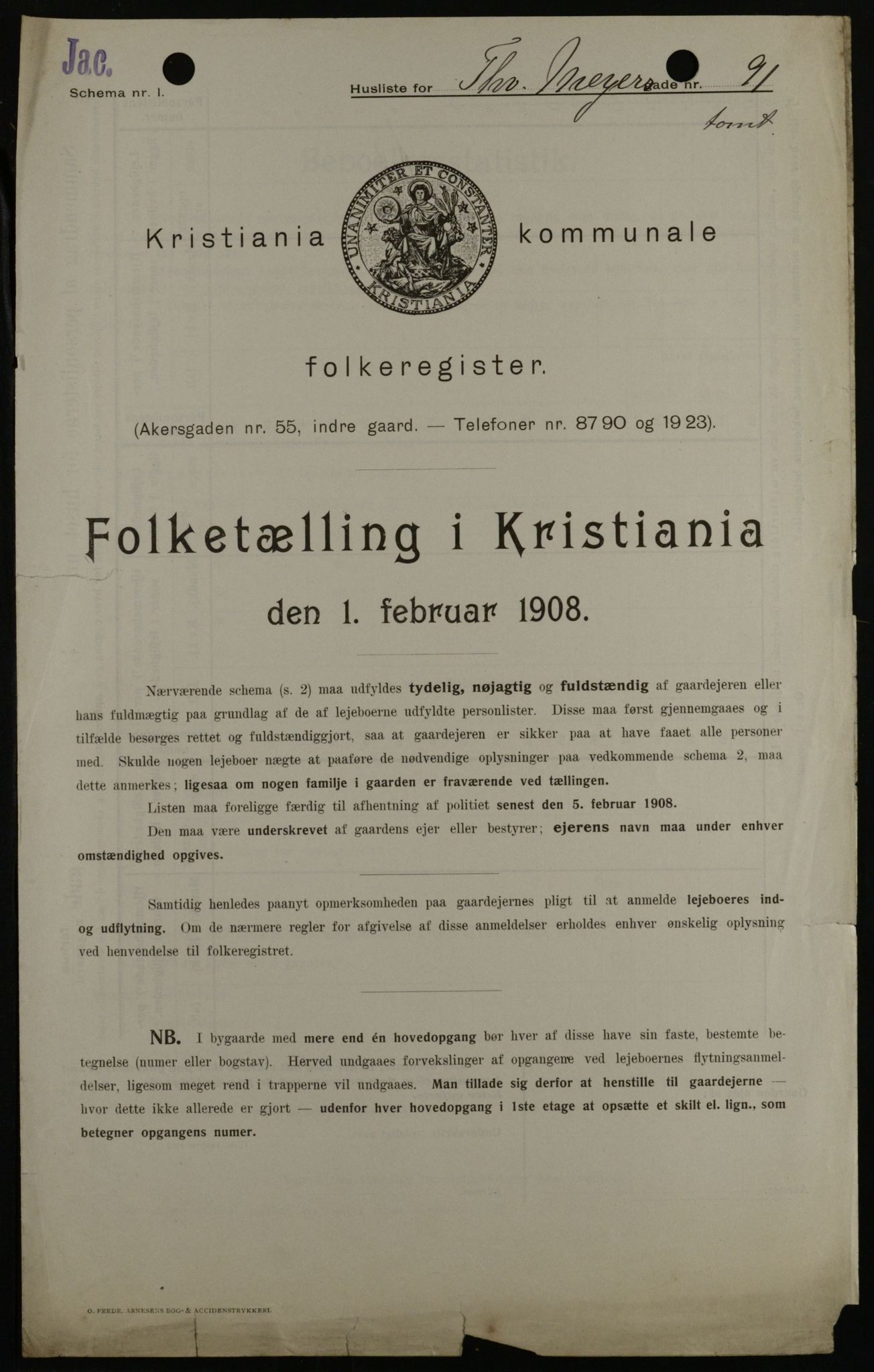 OBA, Kommunal folketelling 1.2.1908 for Kristiania kjøpstad, 1908, s. 100092